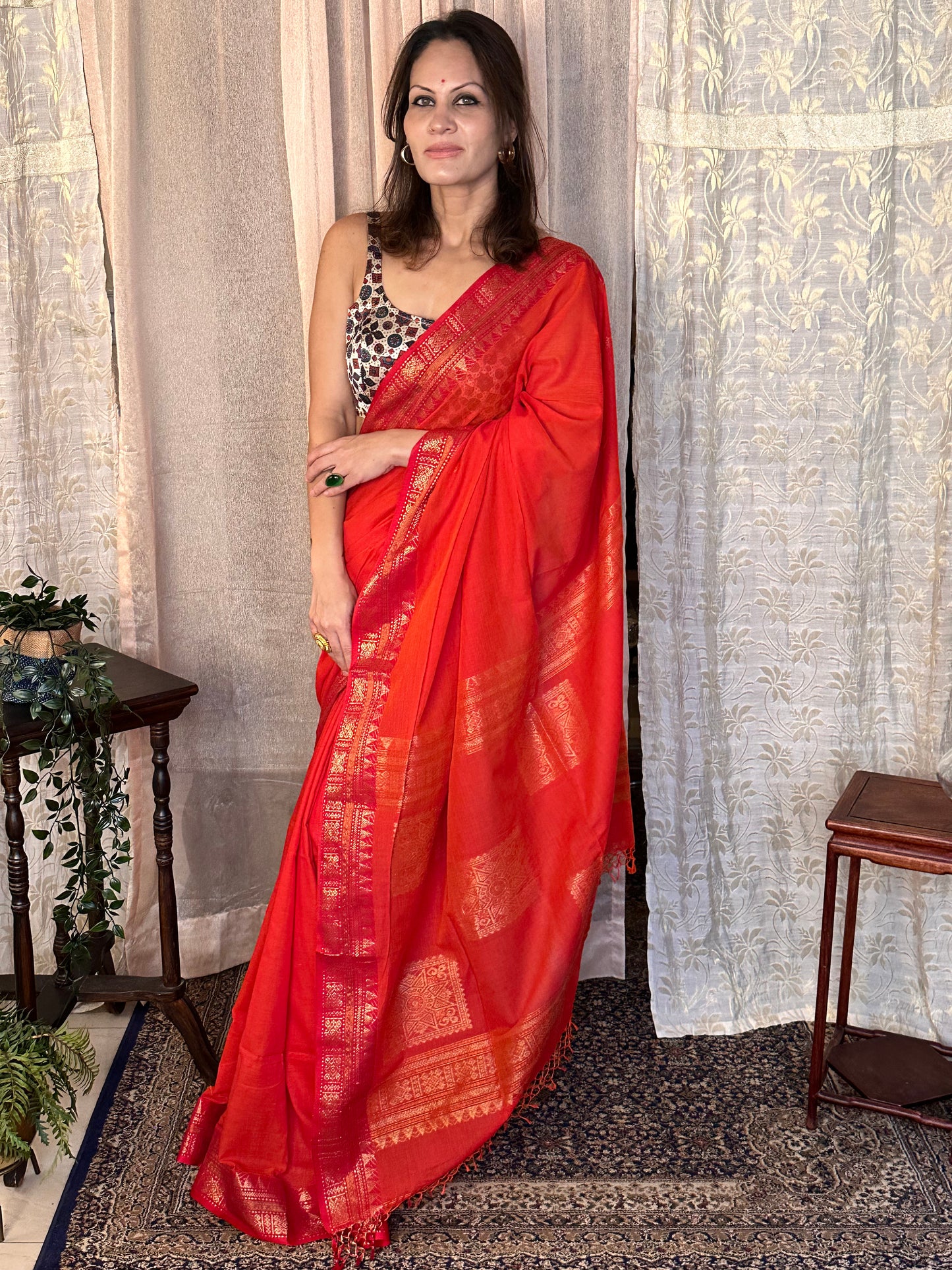 Orange Pure Cotton Baluchari Sari with Gold & Copper Zari Work - Raahini