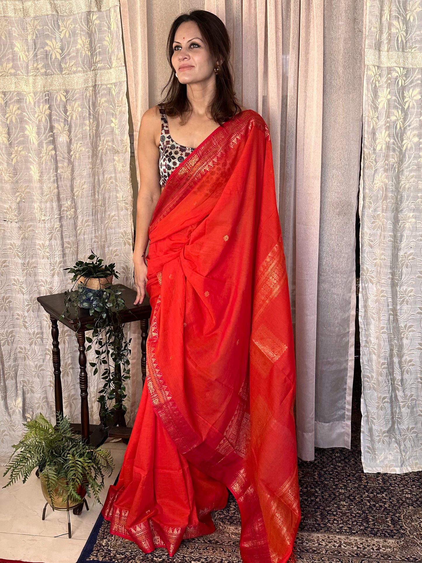 Orange Pure Cotton Baluchari Sari with Gold & Copper Zari Work - Raahini