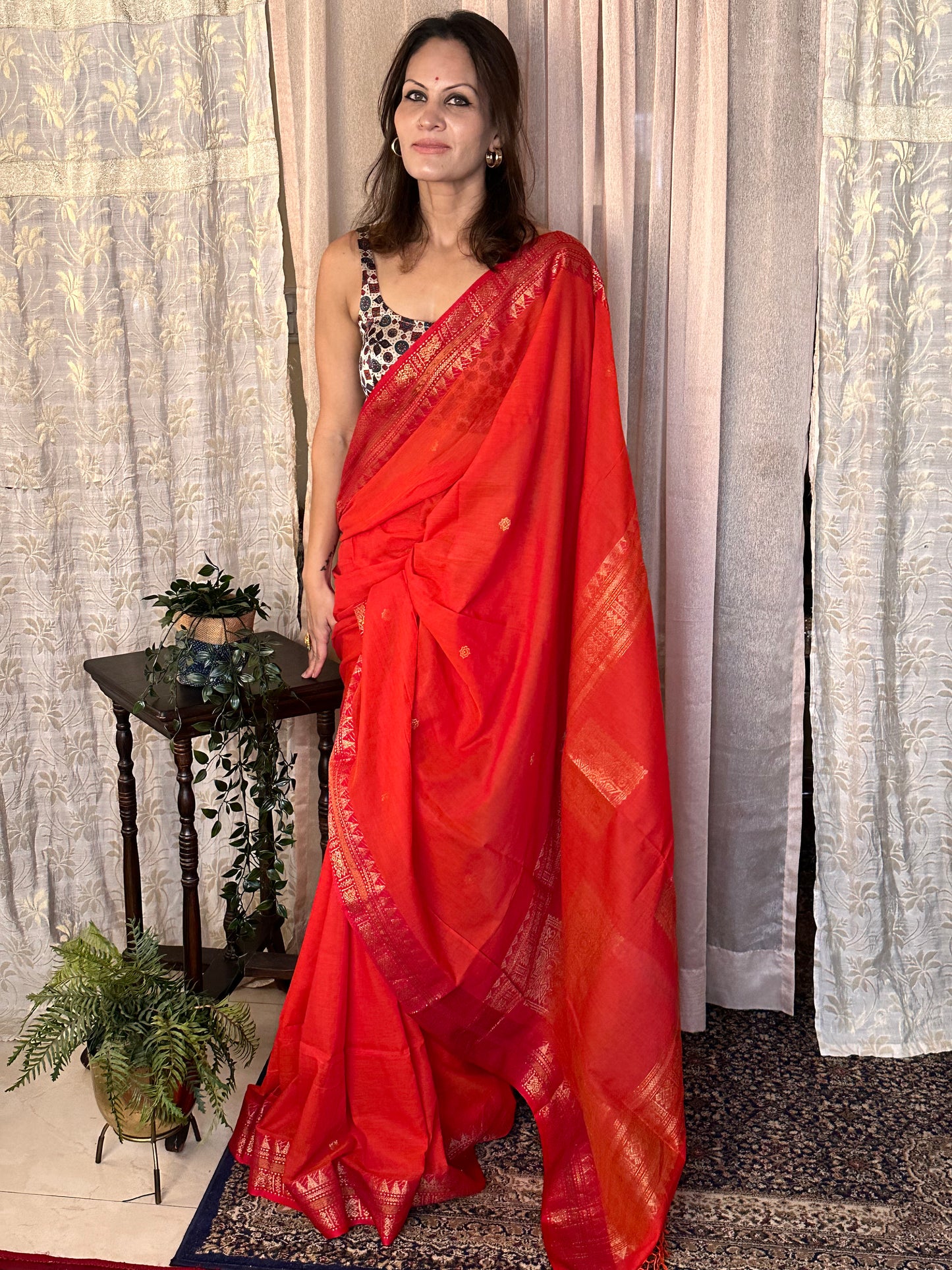 Orange Pure Cotton Baluchari Sari with Gold & Copper Zari Work - Raahini