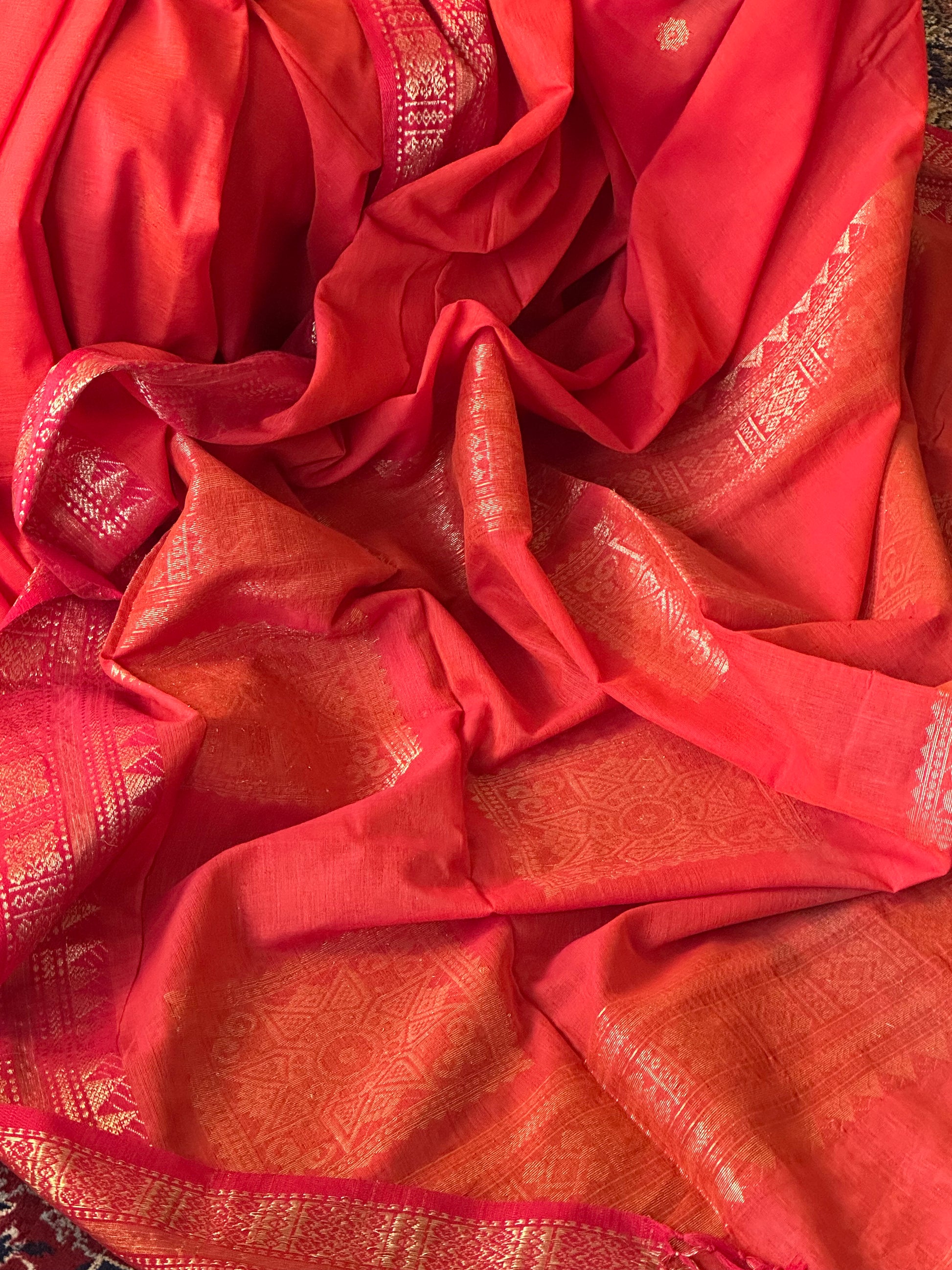 Orange Pure Cotton Baluchari Sari with Gold & Copper Zari Work - Raahini