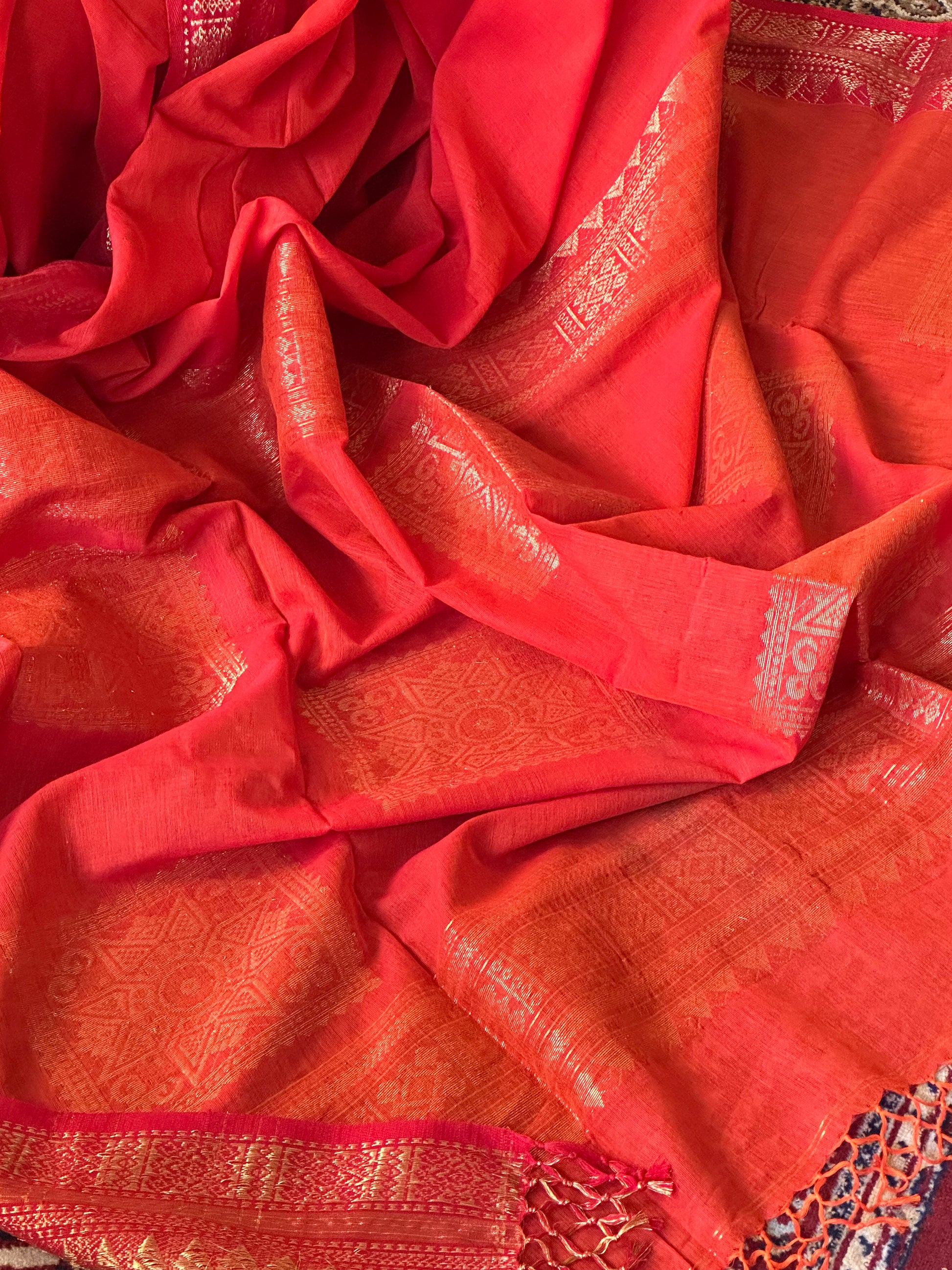 Orange Pure Cotton Baluchari Sari with Gold & Copper Zari Work - Raahini