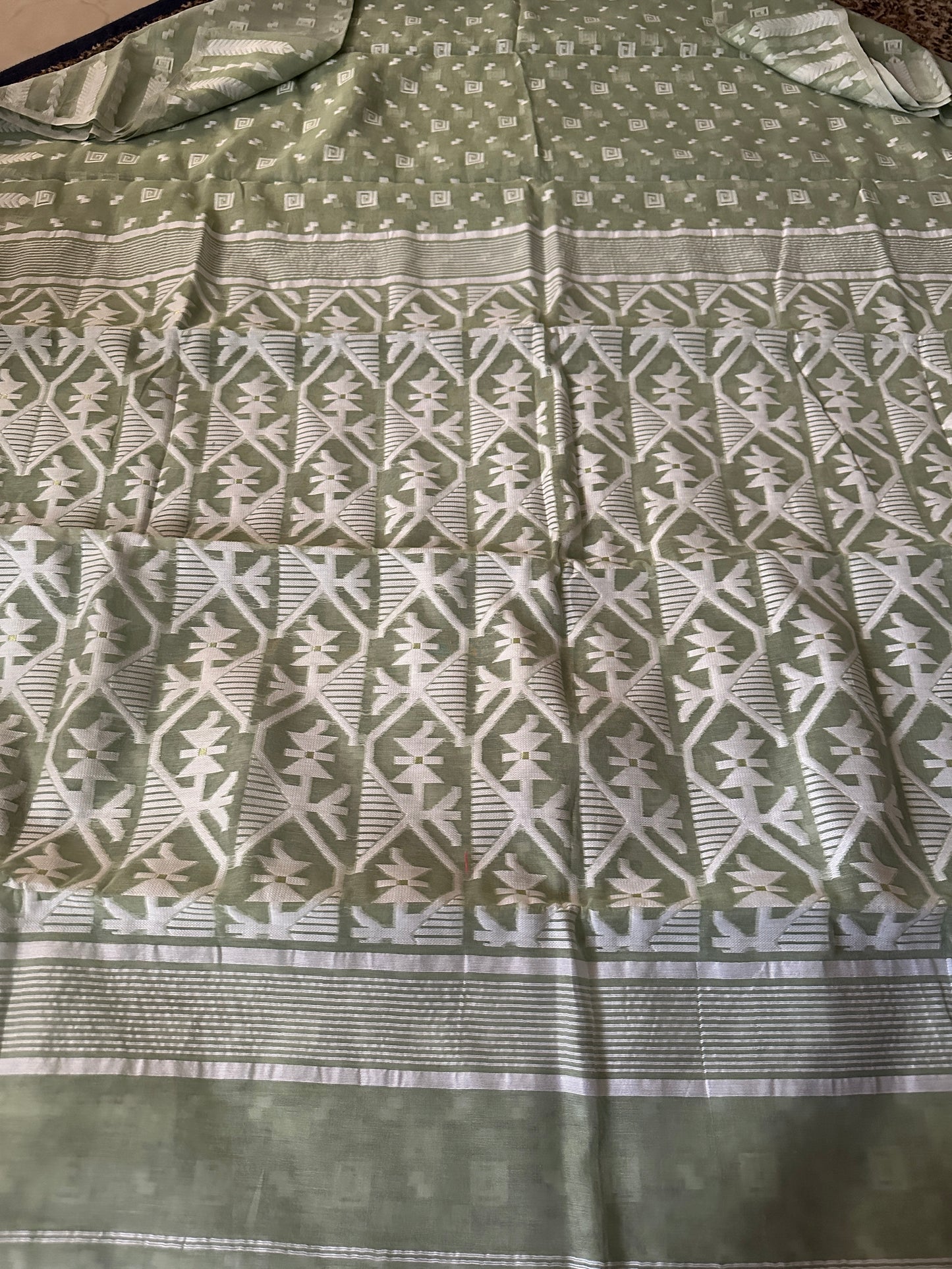 Green & White Cotton Silk Jamdani Saree with Woven Design