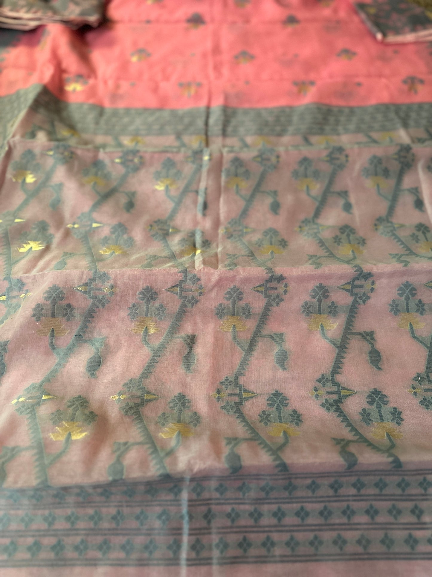 Pink & Grey Cotton Silk Jamdani Saree