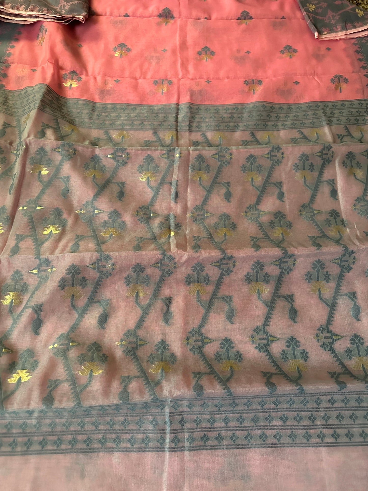 Pink & Grey Cotton Silk Jamdani Saree