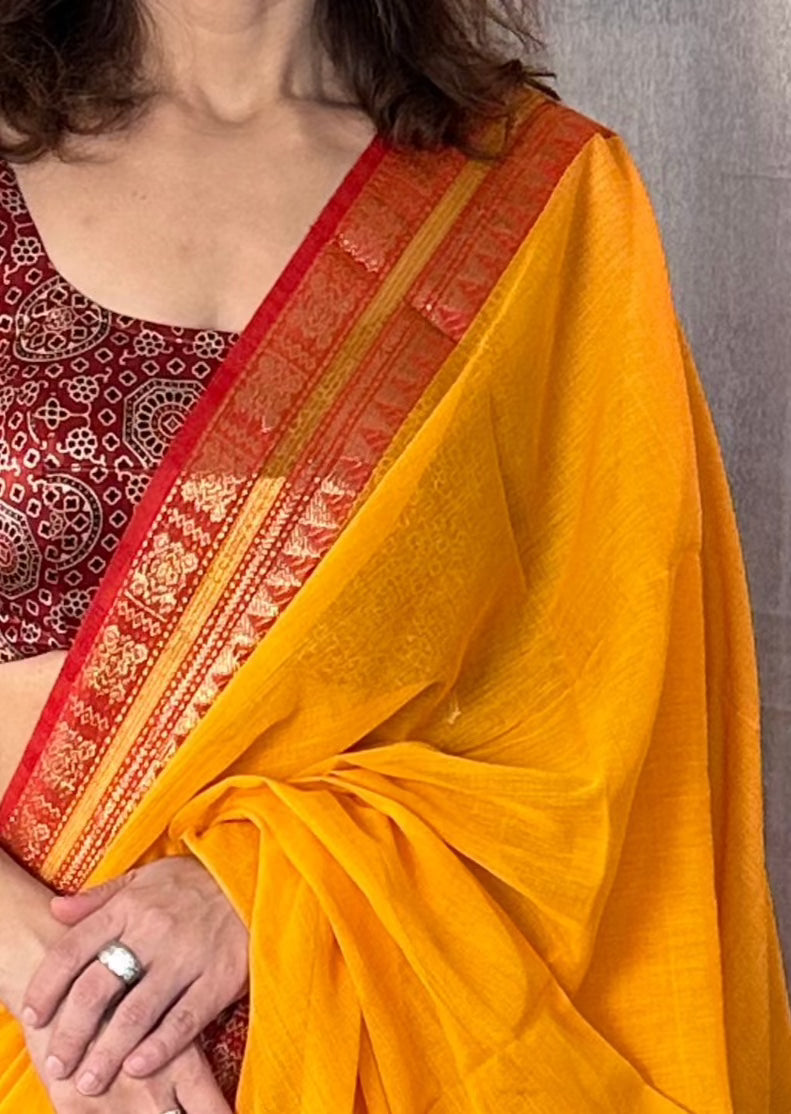 Yellow Pure Cotton Baluchari Sari with Gold & Copper Zari Work - Raahini