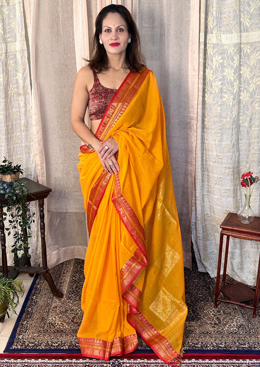 Yellow Pure Cotton Baluchari Sari with Gold & Copper Zari Work - Raahini