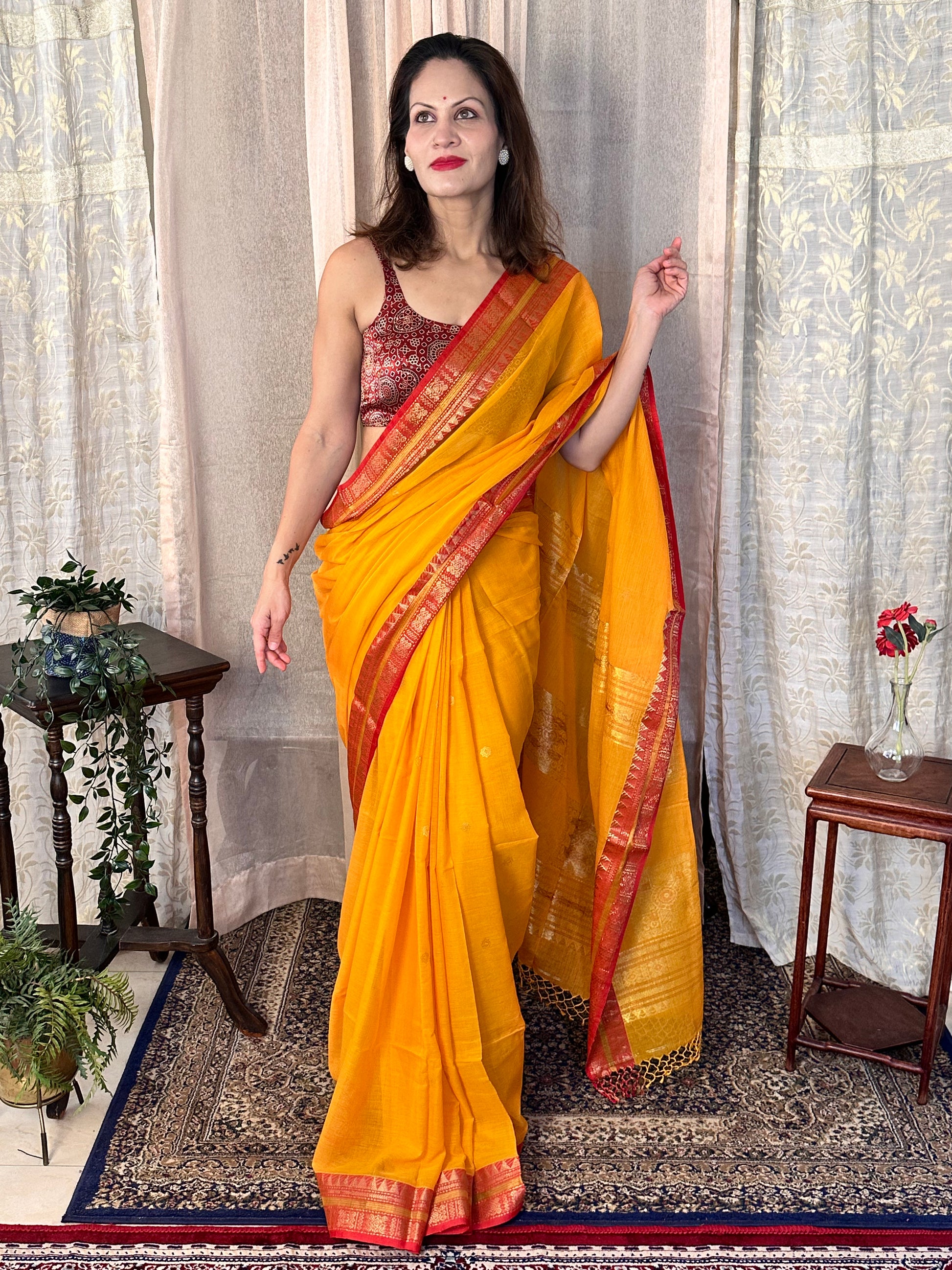 Yellow Pure Cotton Baluchari Sari with Gold & Copper Zari Work - Raahini