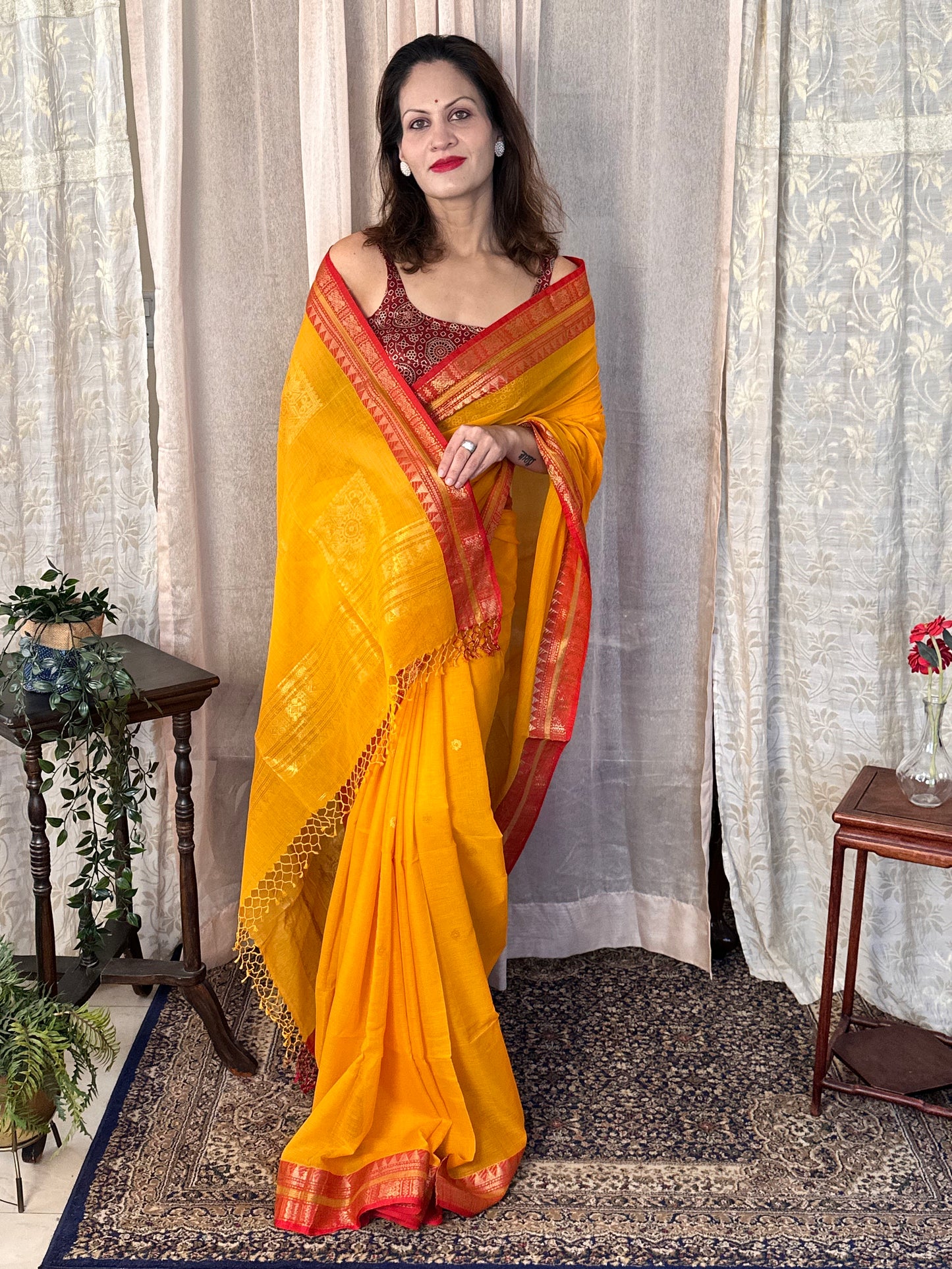 Yellow Pure Cotton Baluchari Sari with Gold & Copper Zari Work - Raahini