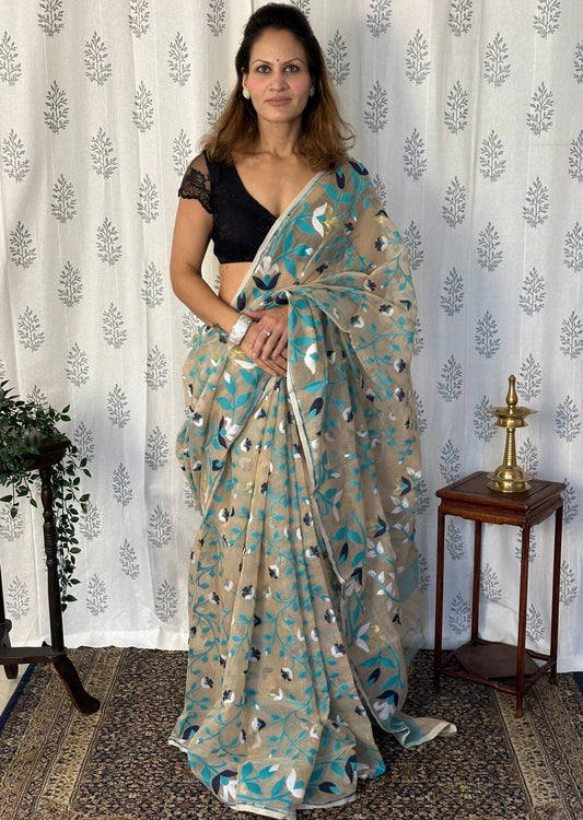 Nude Cotton Silk Jamdani Saree with Blue Floral Design & Zari Work