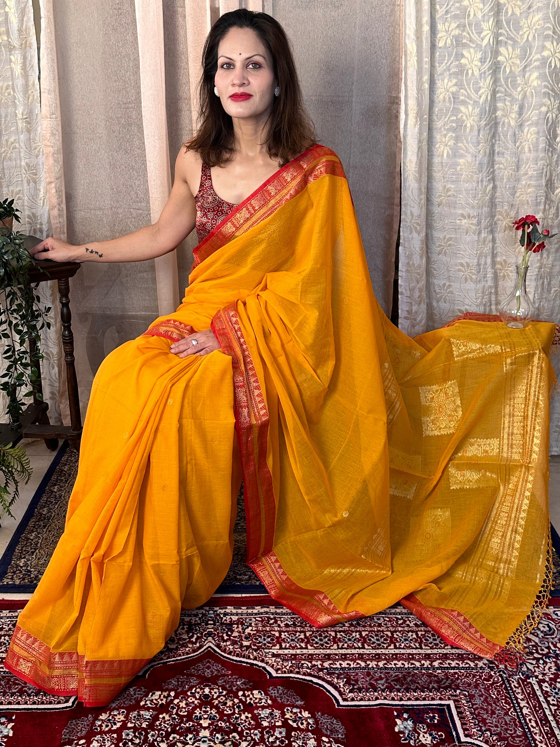 Yellow Pure Cotton Baluchari Sari with Gold & Copper Zari Work - Raahini