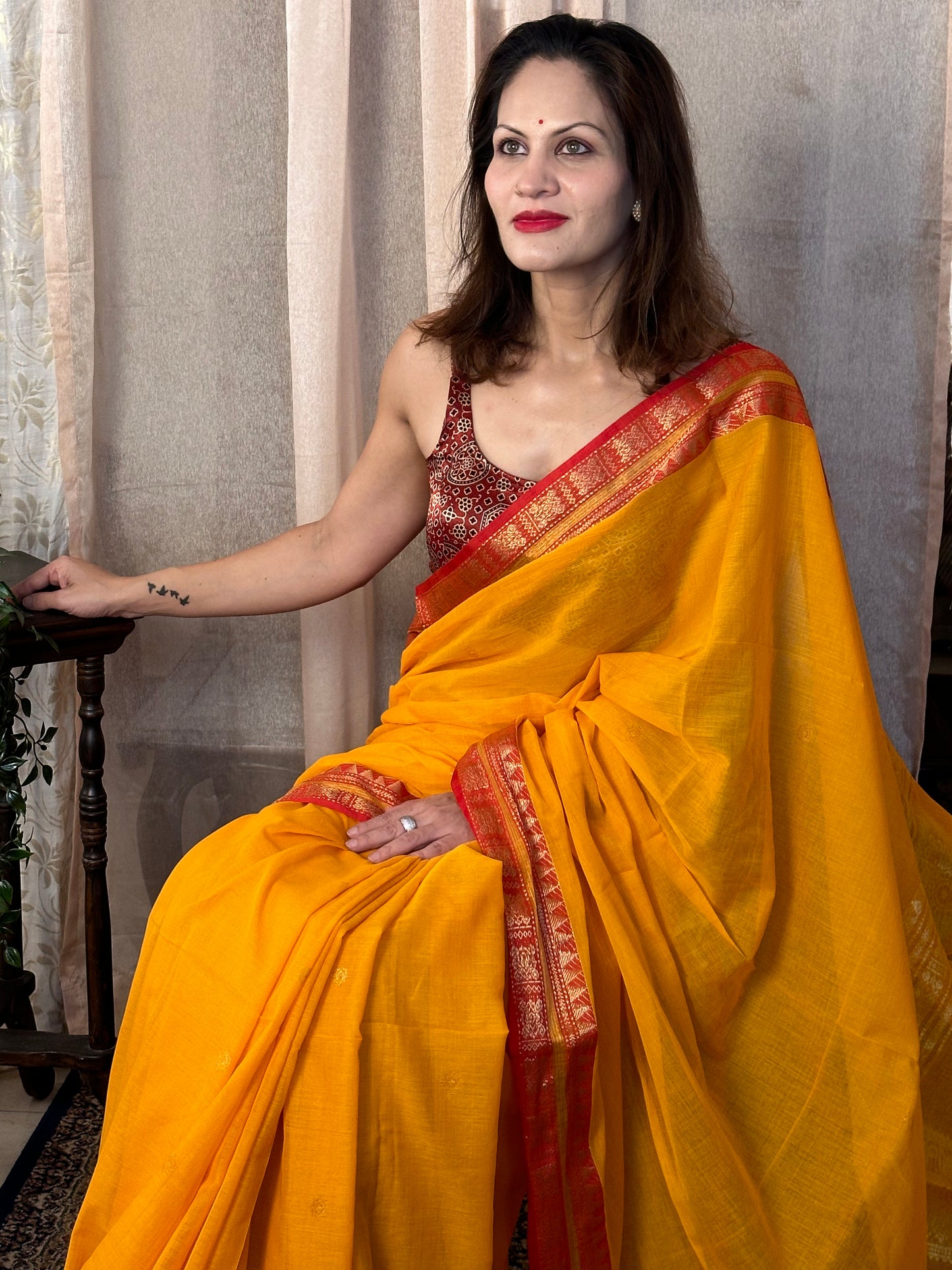 Yellow Pure Cotton Baluchari Sari with Gold & Copper Zari Work - Raahini