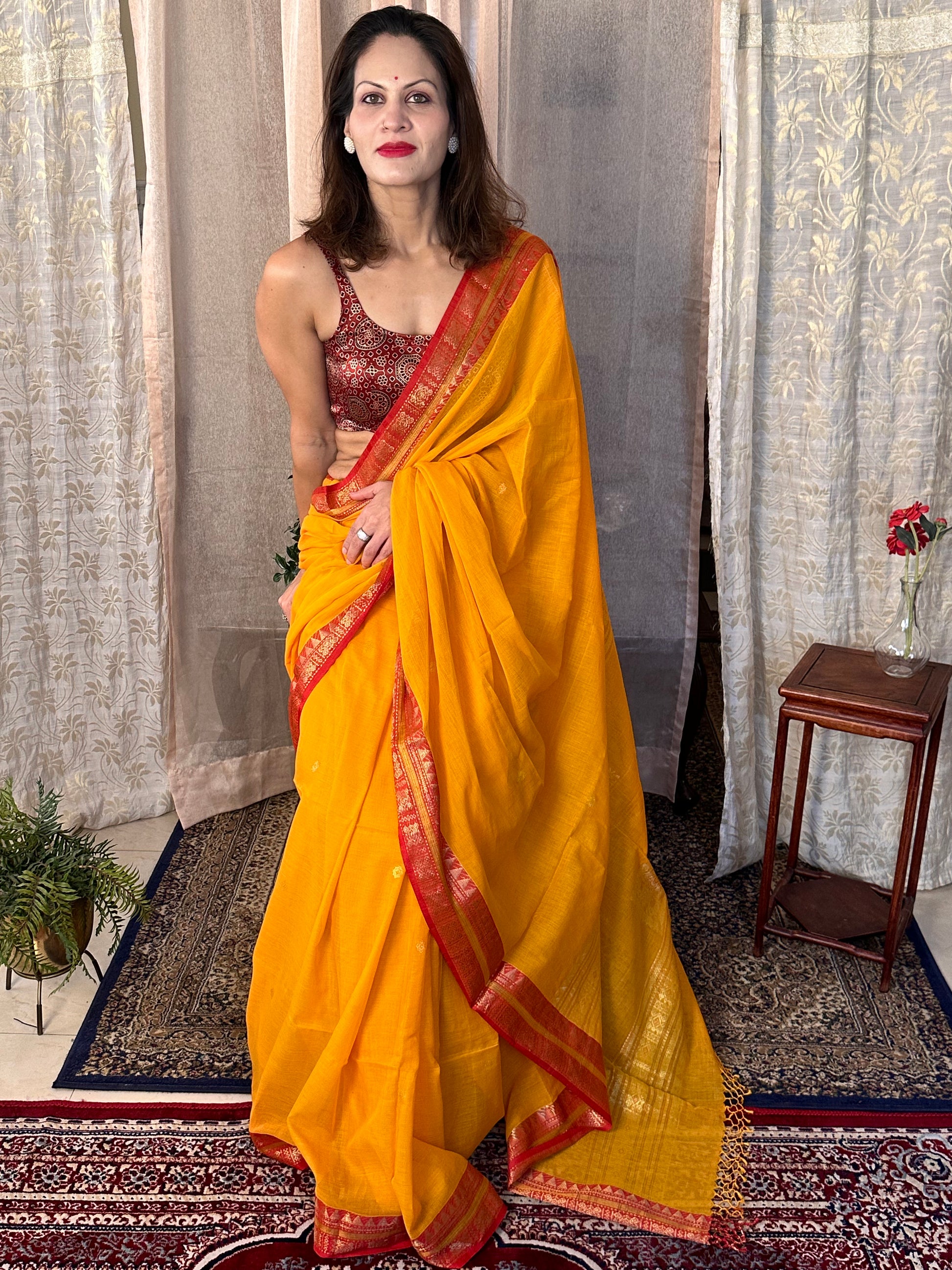 Yellow Pure Cotton Baluchari Sari with Gold & Copper Zari Work - Raahini