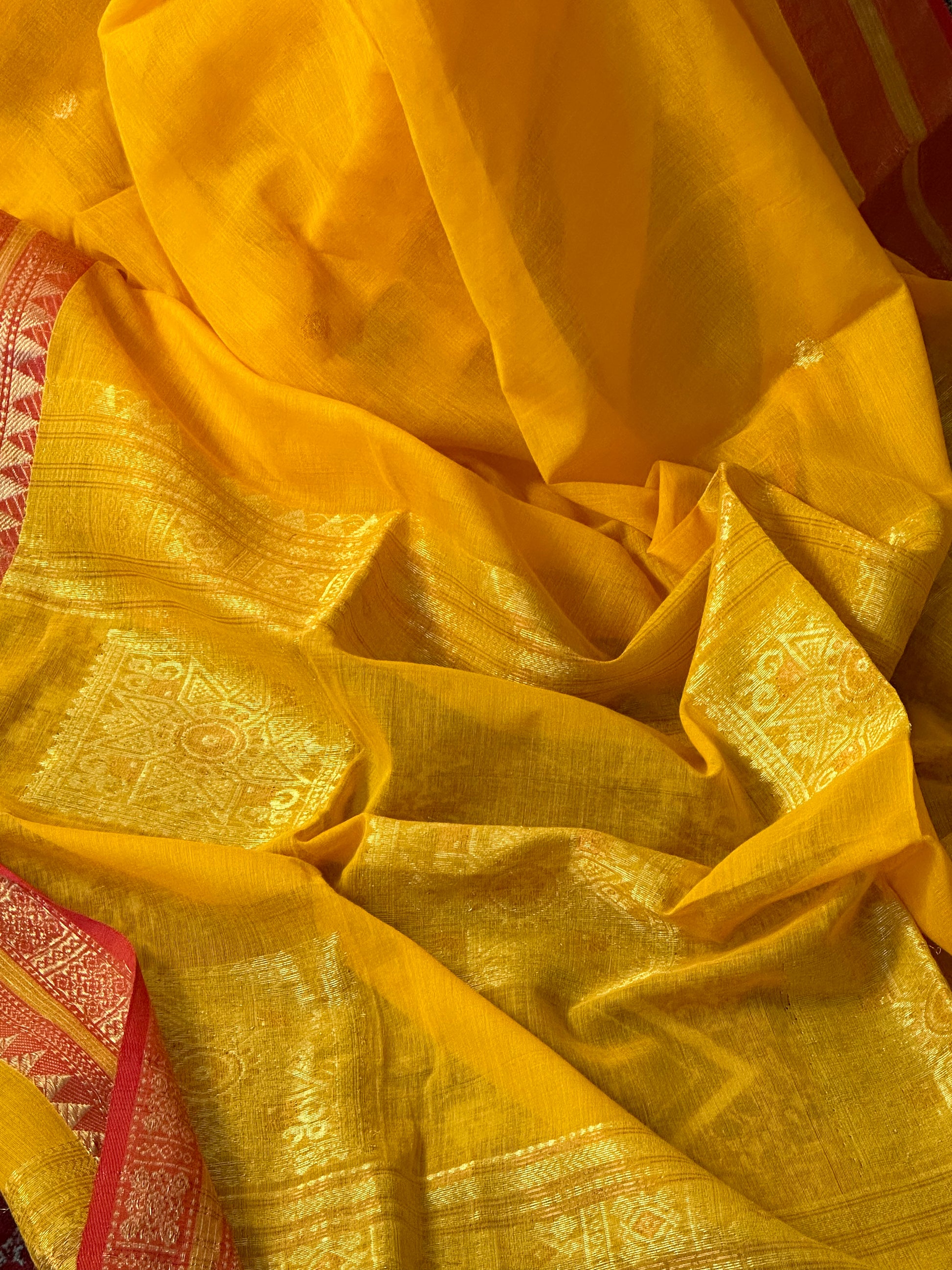 Yellow Pure Cotton Baluchari Sari with Gold & Copper Zari Work - Raahini