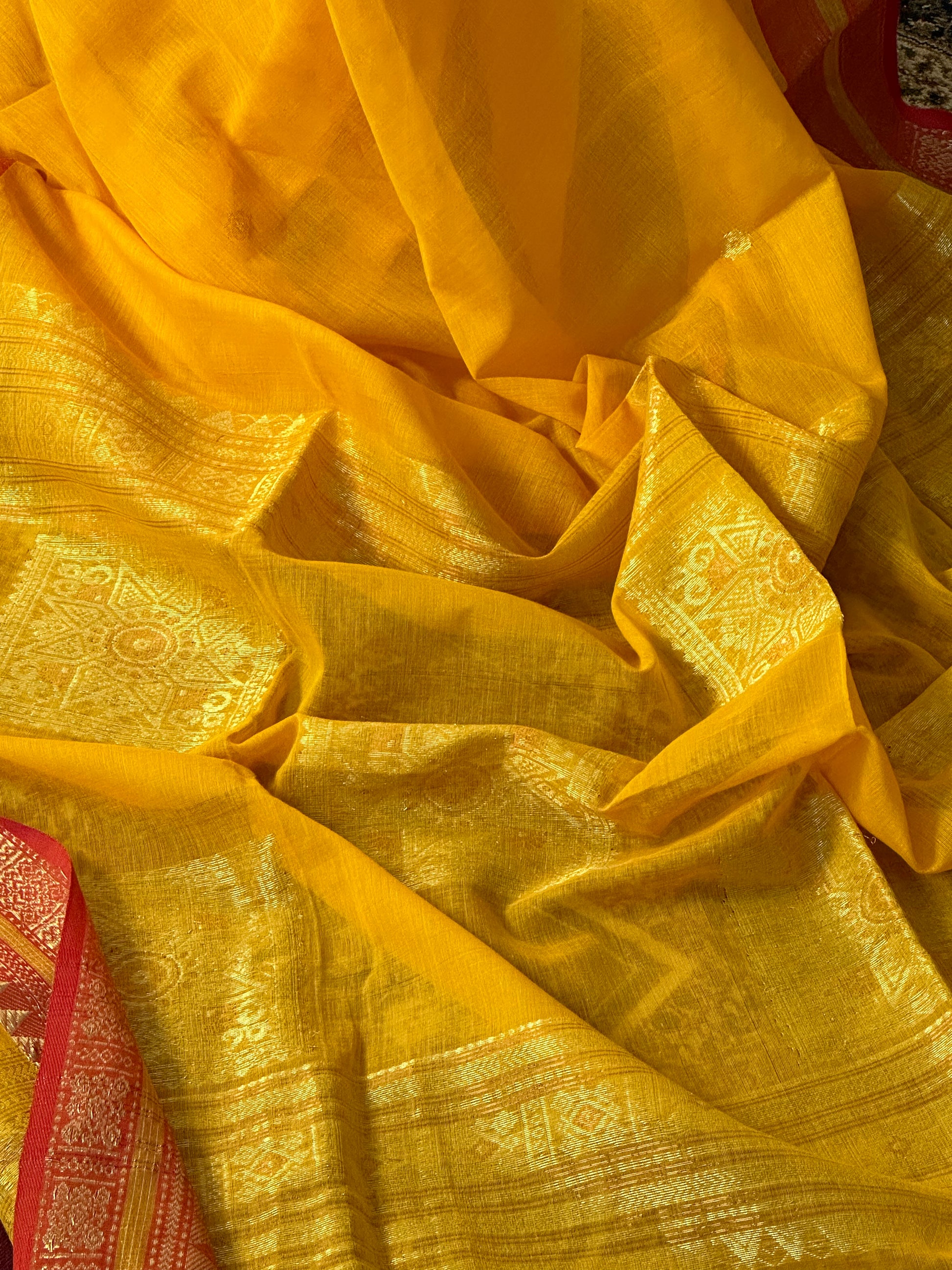 Yellow Pure Cotton Baluchari Sari with Gold & Copper Zari Work - Raahini