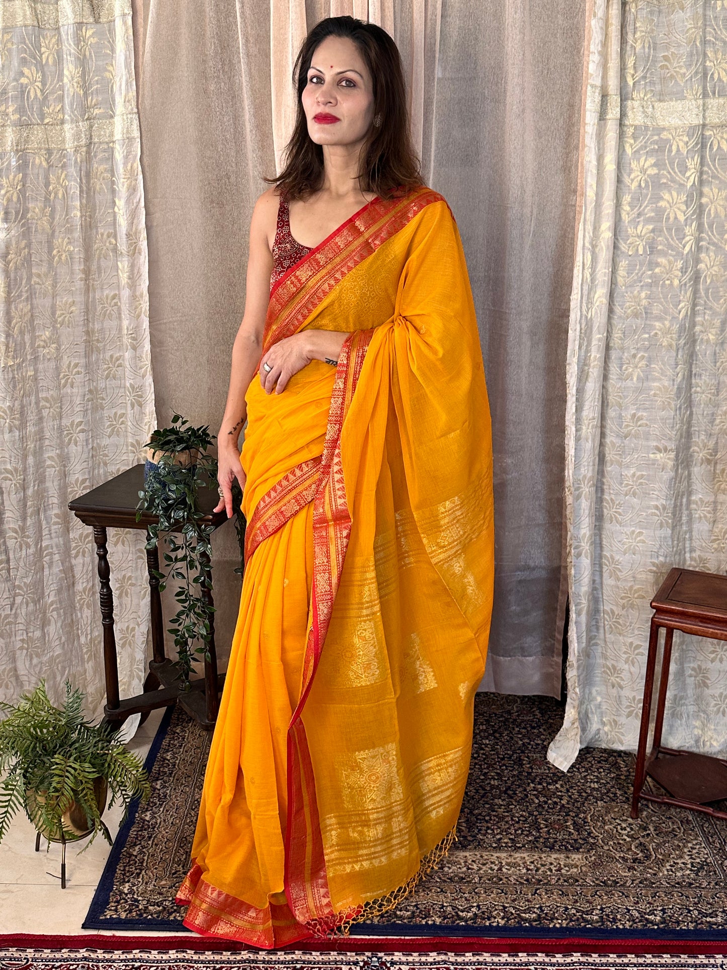 Yellow Pure Cotton Baluchari Sari with Gold & Copper Zari Work - Raahini