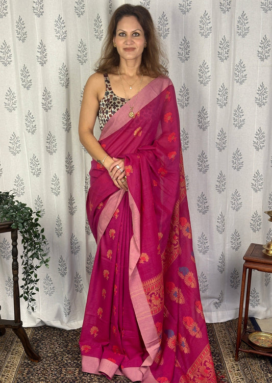 Magenta Pure Cotton Handloom Super Soft Jamdani Sari with Woven Motifs