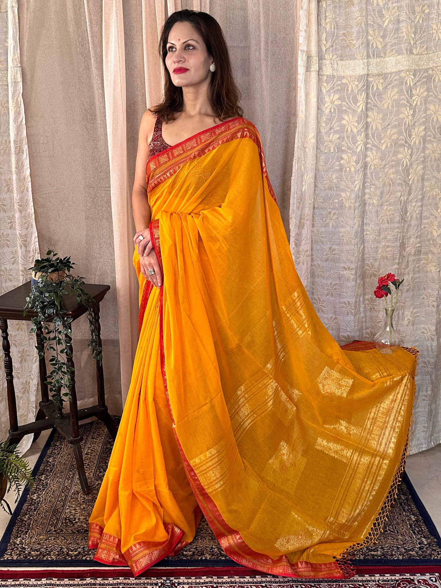 Yellow Pure Cotton Baluchari Sari with Gold & Copper Zari Work - Raahini