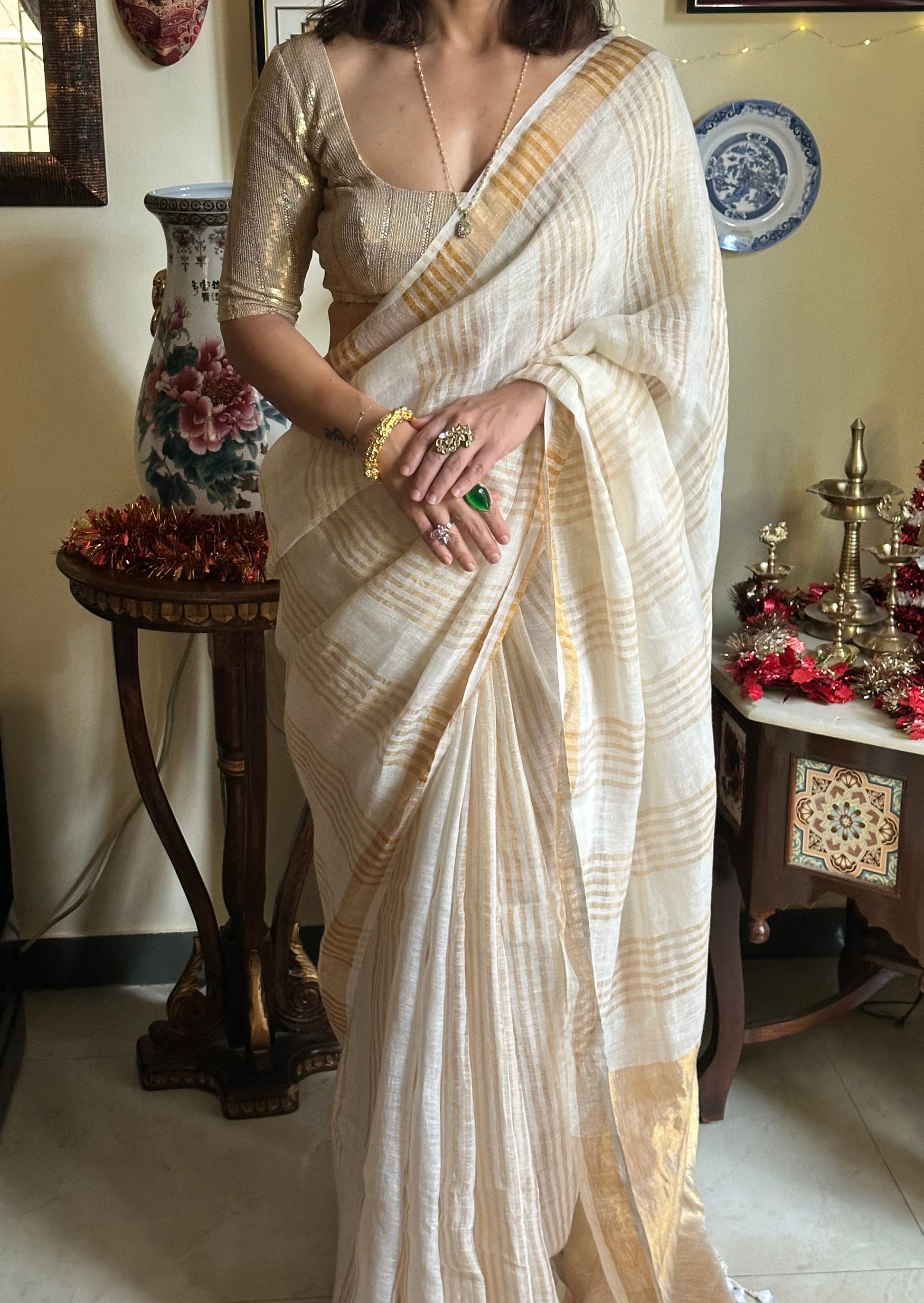 Pure Linen with Gold Zari Stripes - Raahini