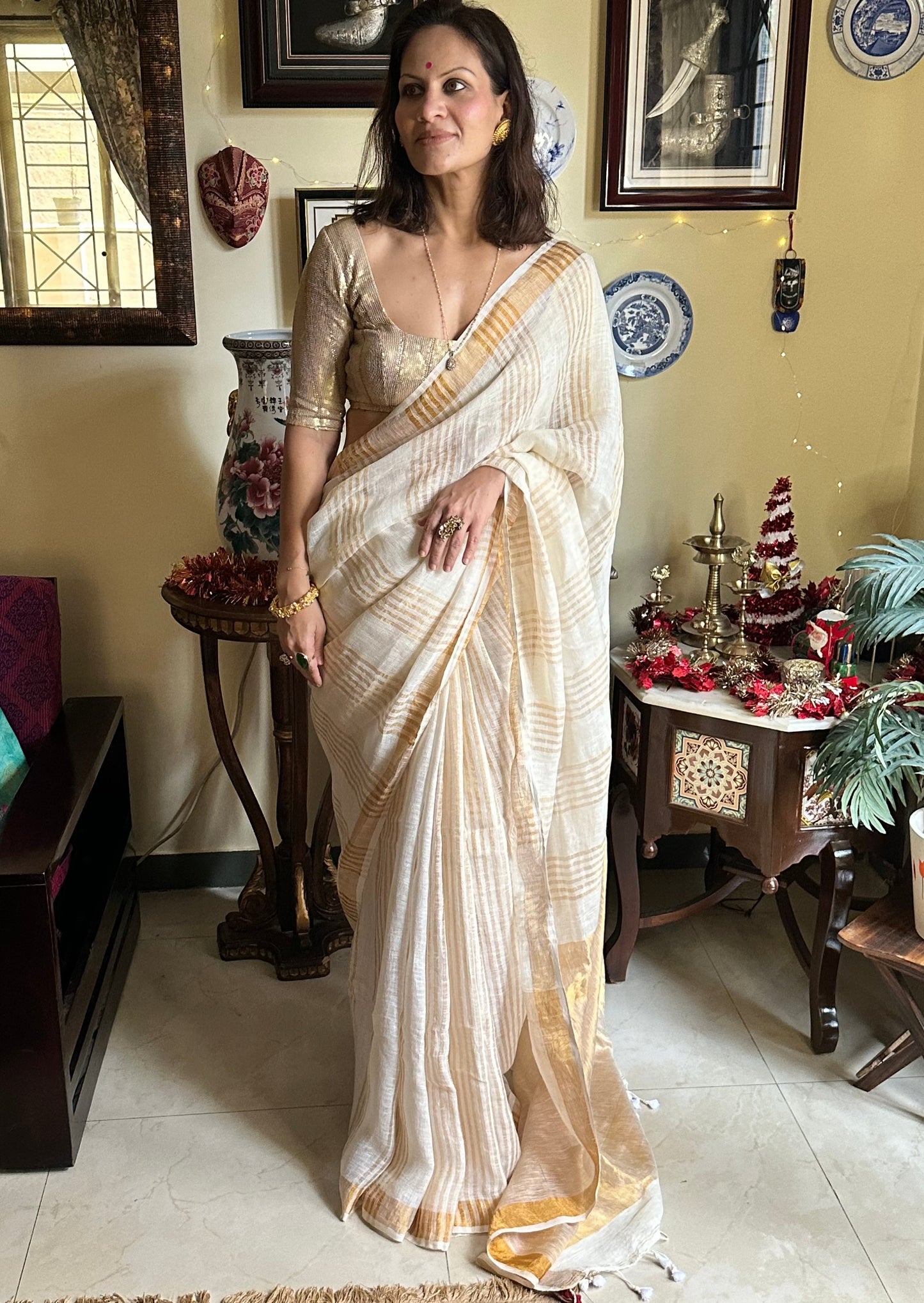 Pure Linen with Gold Zari Stripes - Raahini