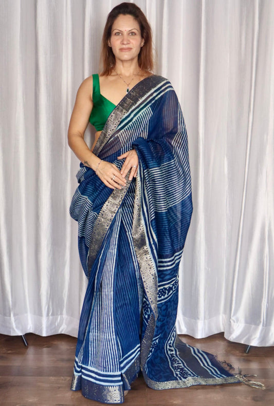 Indigo Natural Vanaspati Block Print Maheshwari Sari with Zari Border