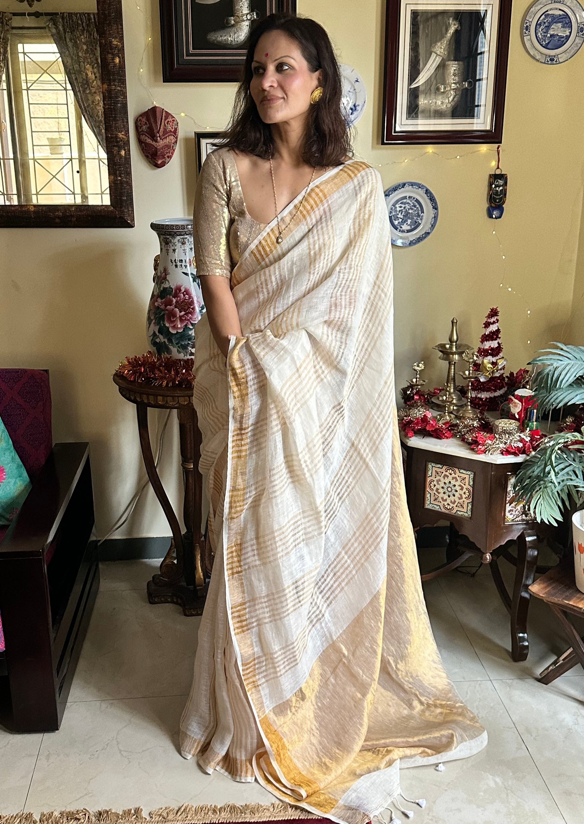 Pure Linen with Gold Zari Stripes - Raahini