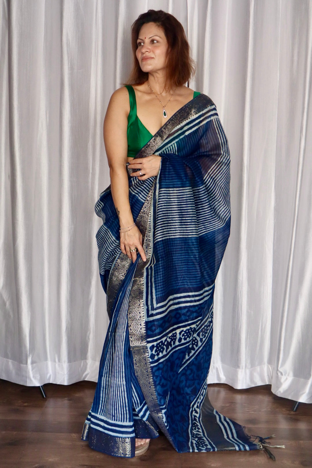 Indigo Natural Vanaspati Block Print Maheshwari Sari with Zari Border