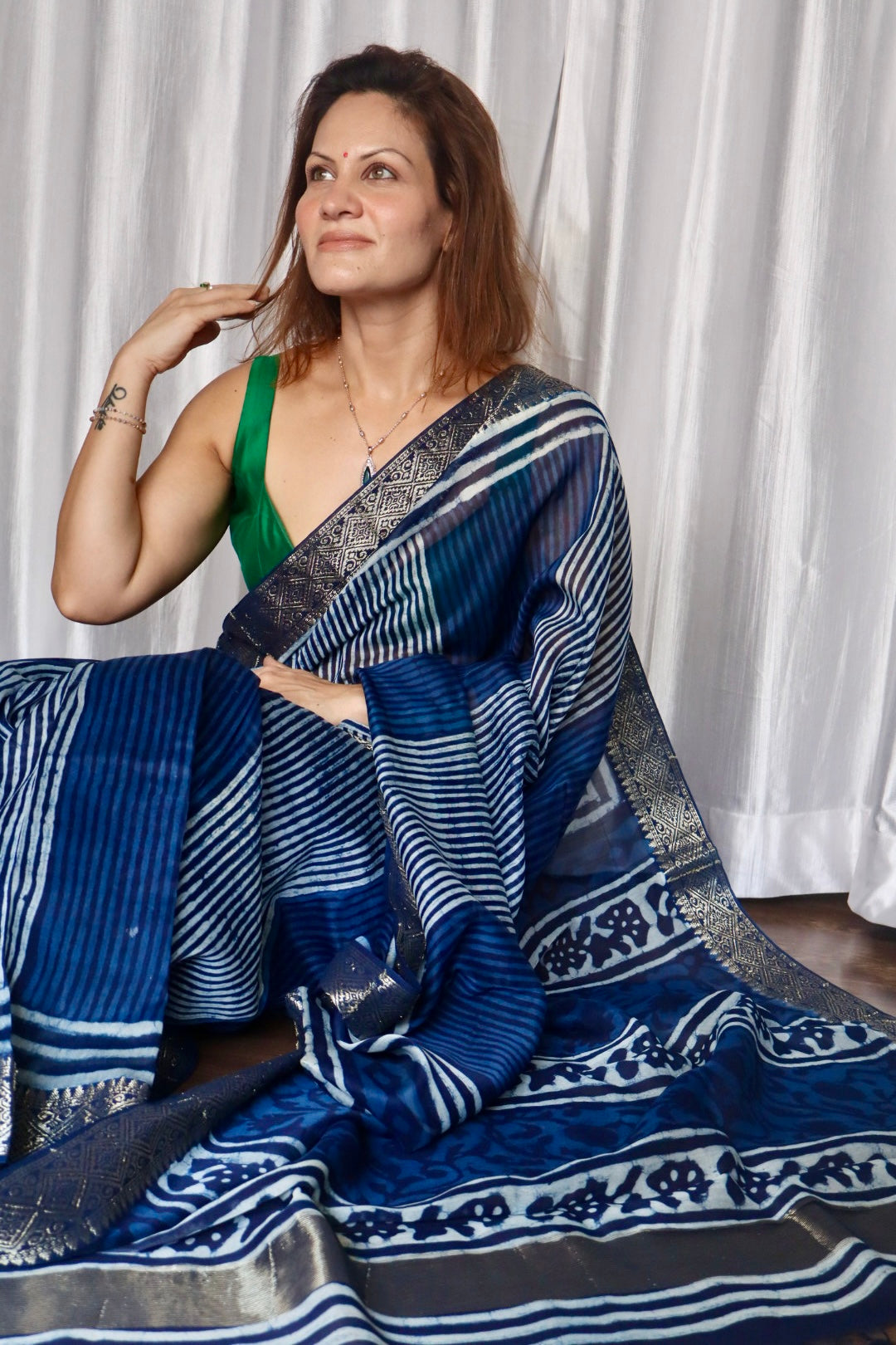 Indigo Natural Vanaspati Block Print Maheshwari Sari with Zari Border