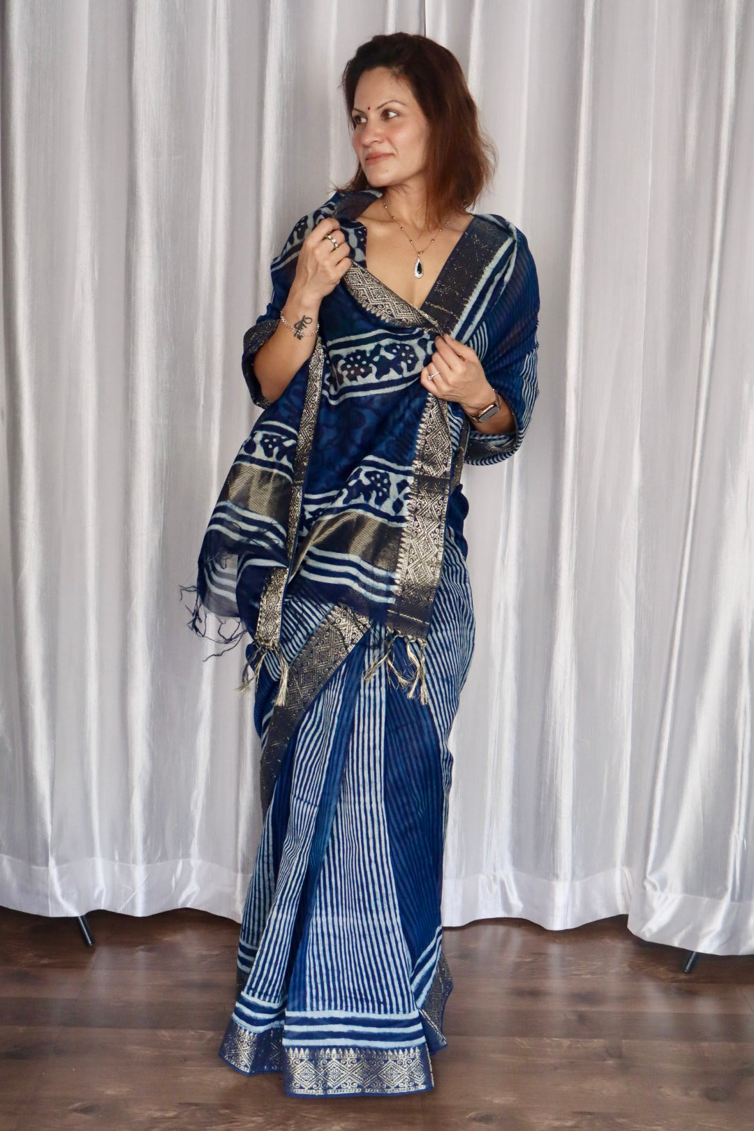 Indigo Natural Vanaspati Block Print Maheshwari Sari with Zari Border