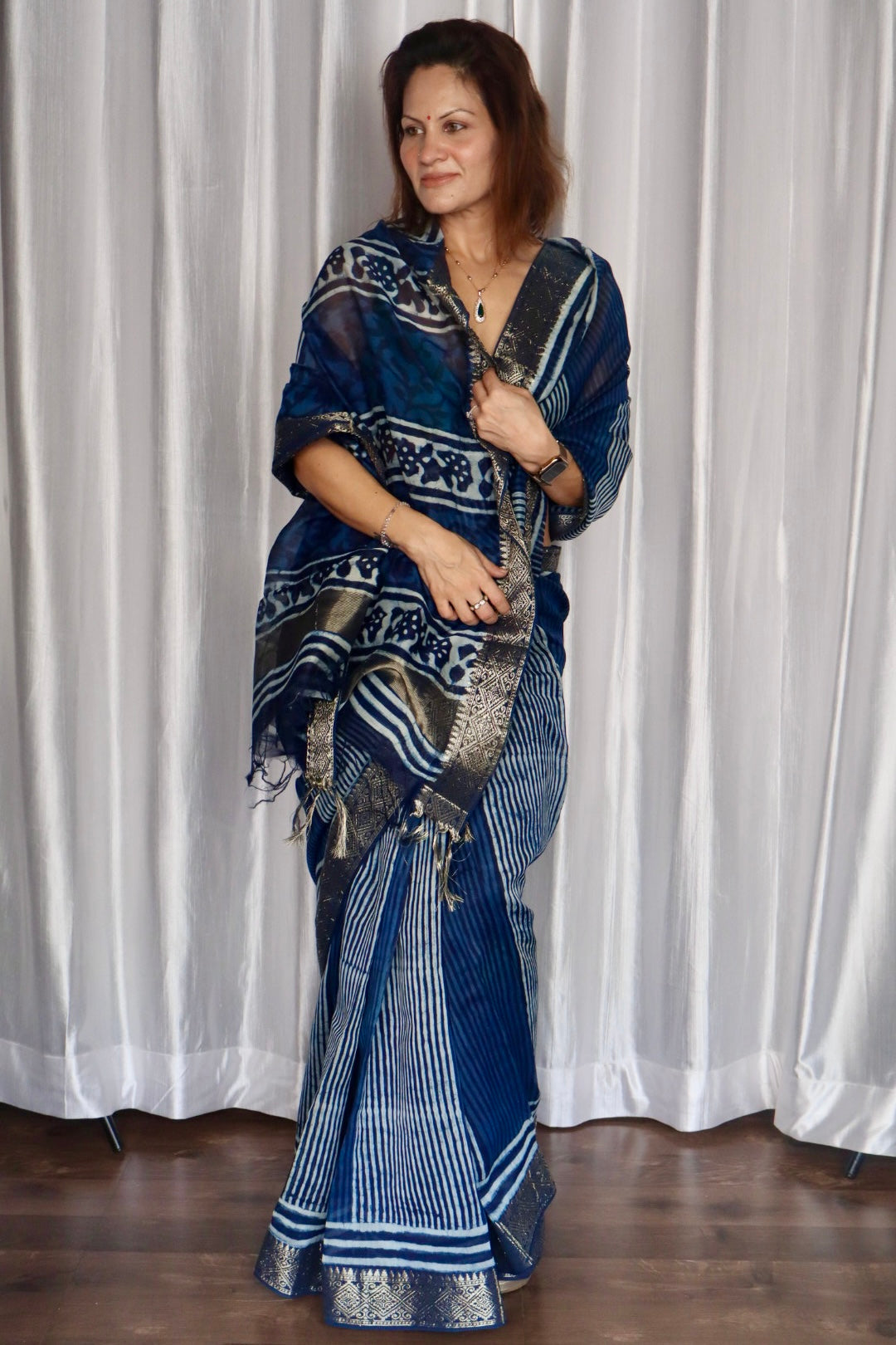 Indigo Natural Vanaspati Block Print Maheshwari Sari with Zari Border