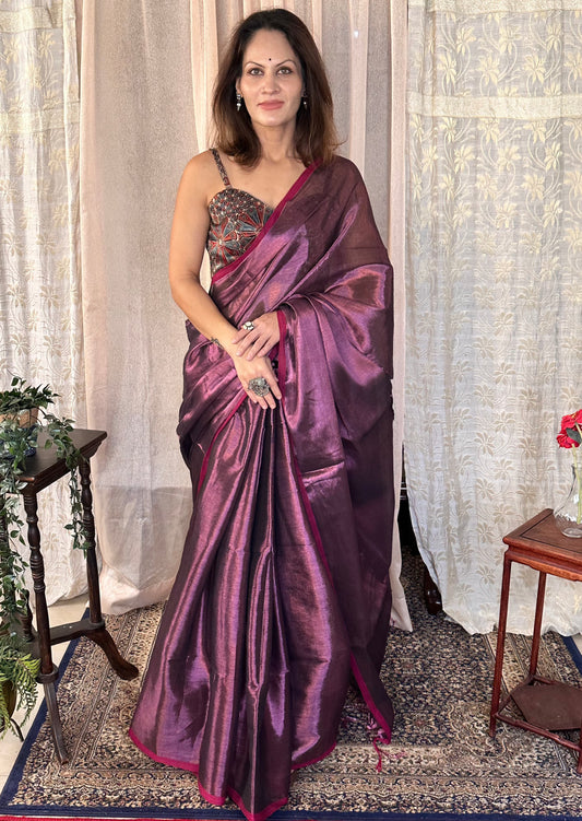 Purple Pure Mul Mul Handwoven Tissue Cotton Sari - Raahini