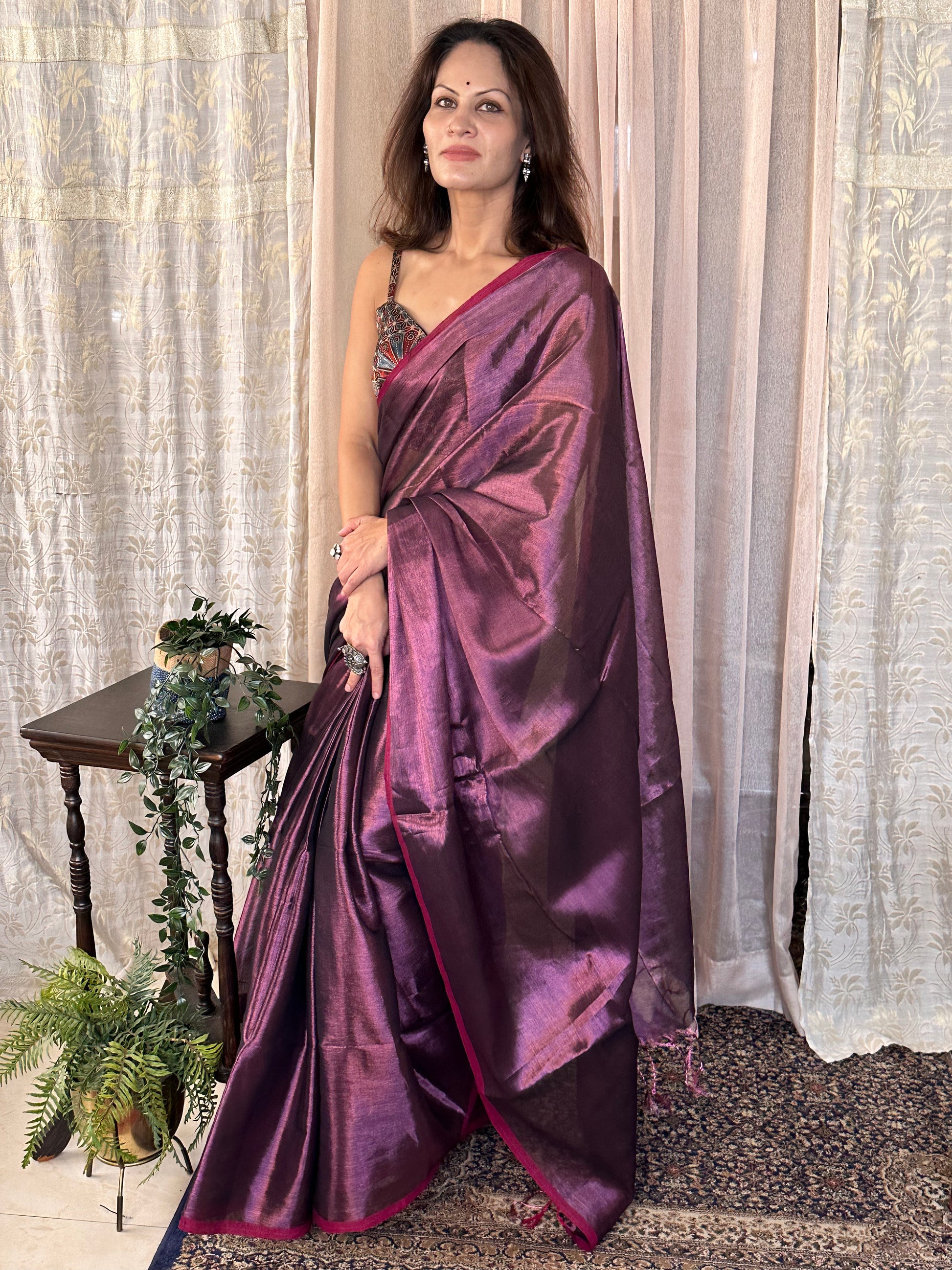 Purple Pure Mul Mul Handwoven Tissue Cotton Sari - Raahini