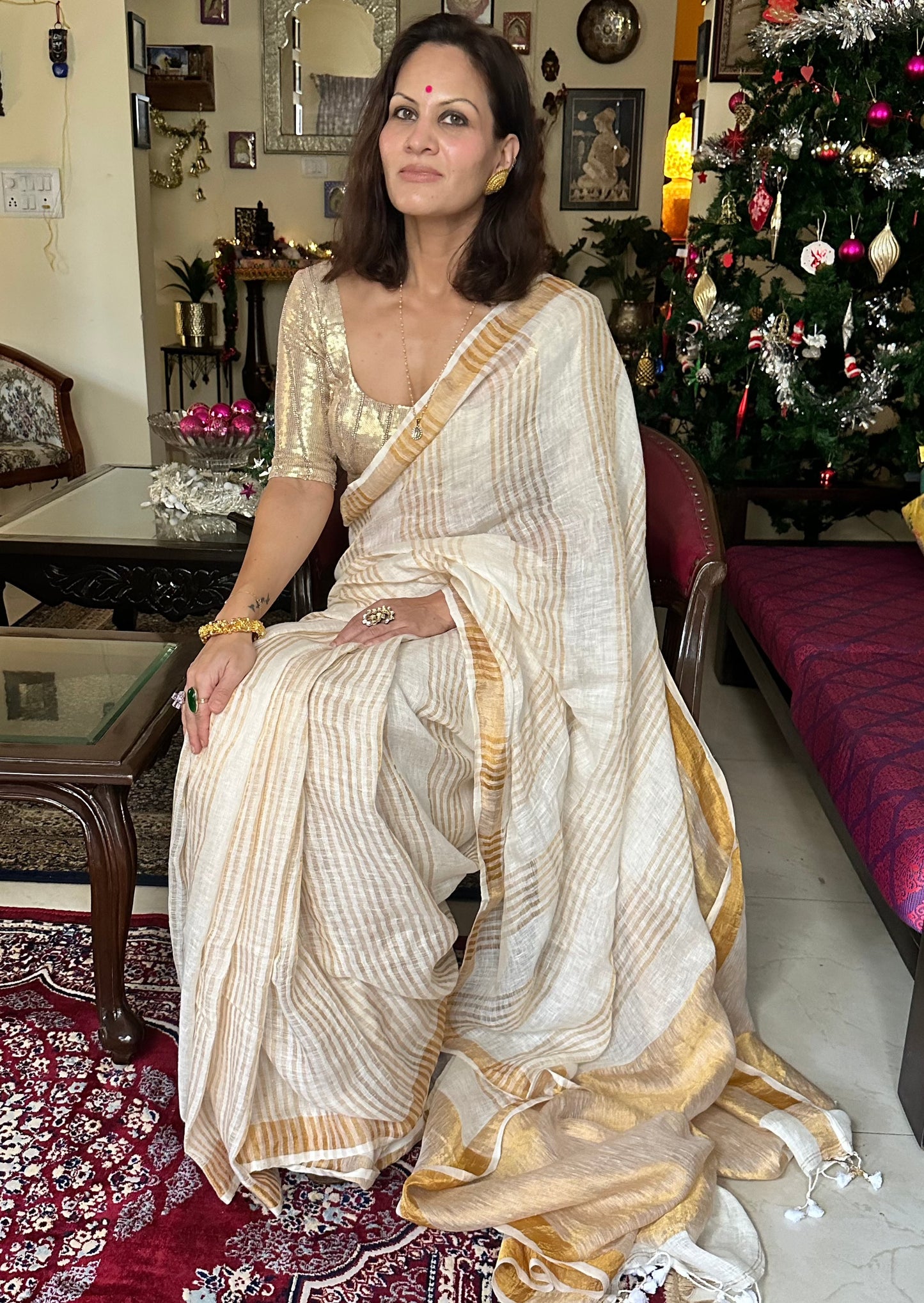 Pure Linen with Gold Zari Stripes - Raahini