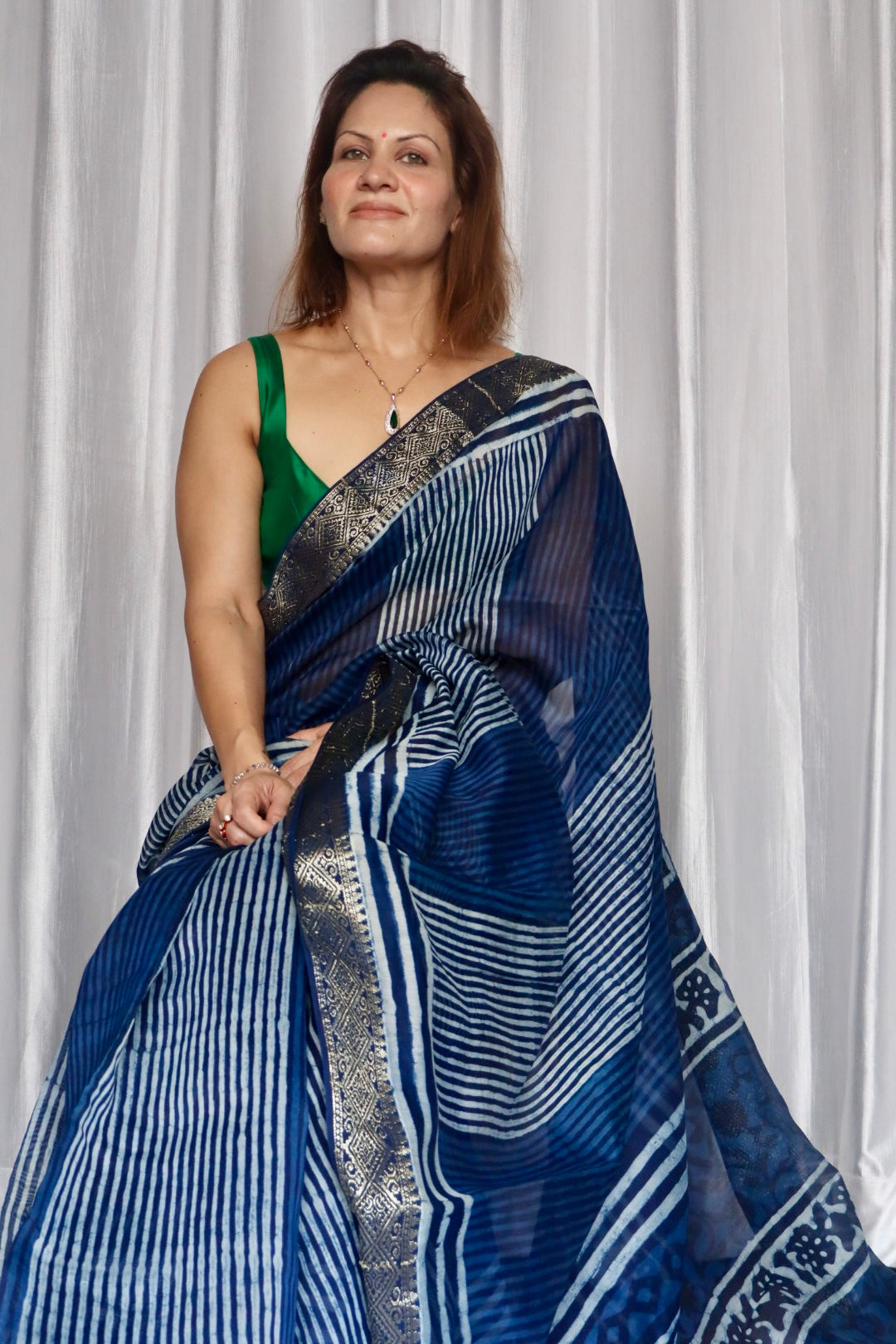 Indigo Natural Vanaspati Block Print Maheshwari Sari with Zari Border