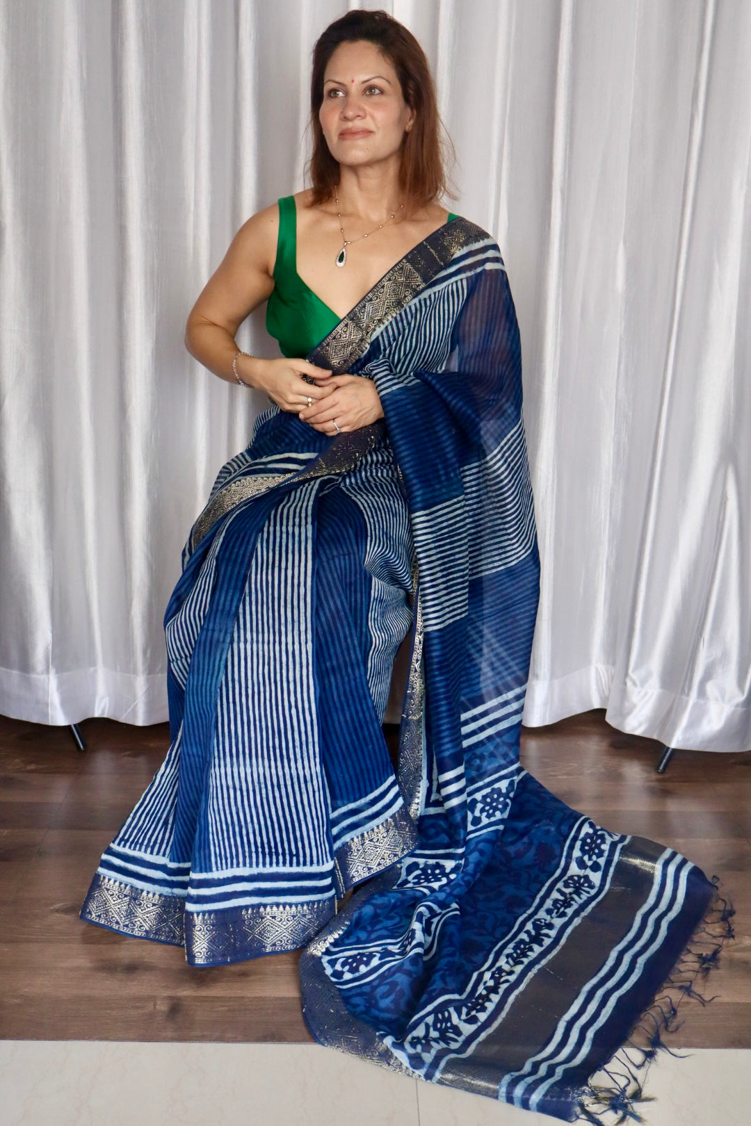 Indigo Natural Vanaspati Block Print Maheshwari Sari with Zari Border
