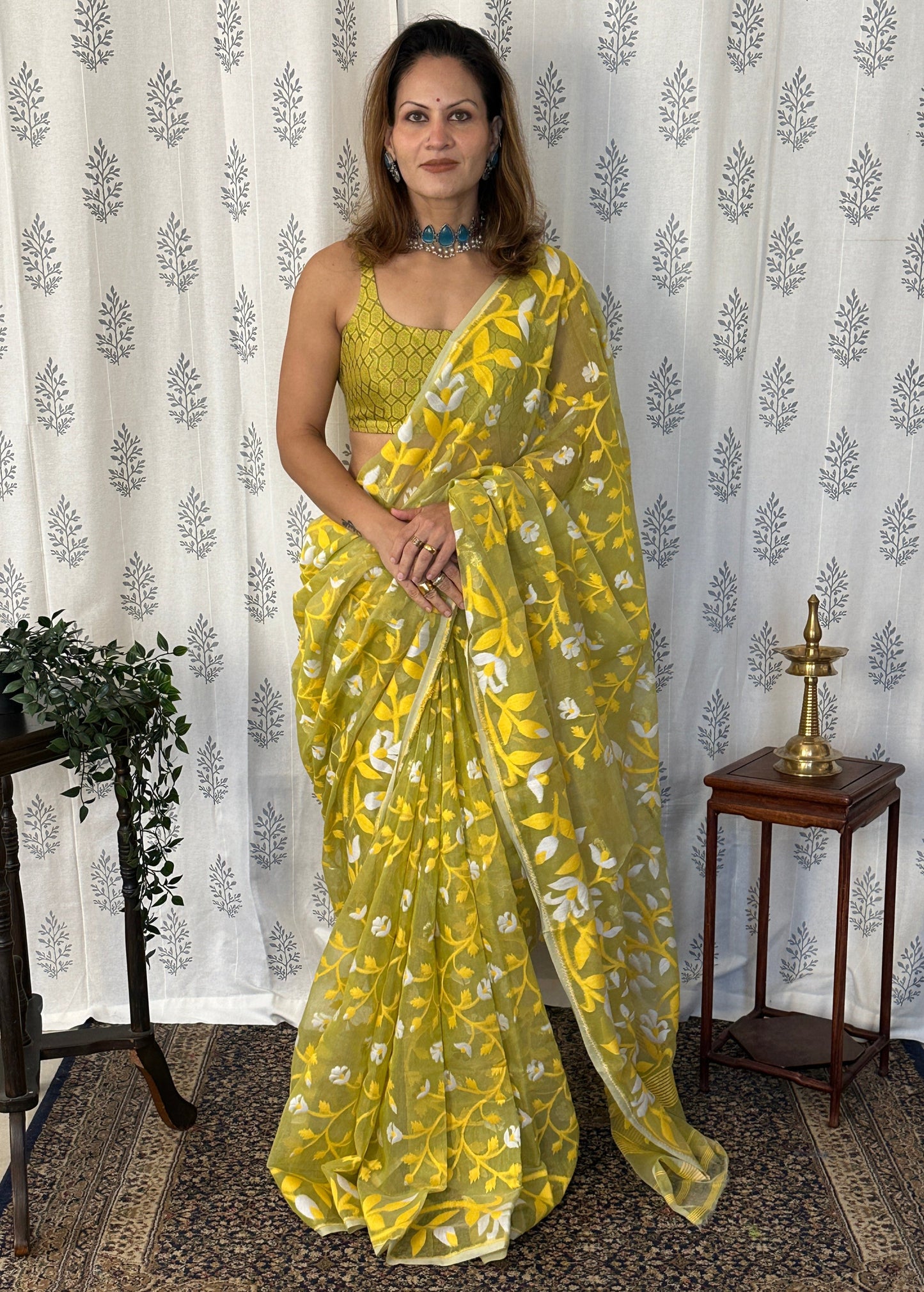 Yellowish Green Cotton Silk Jamdani Saree with Yellow Floral Design & Zari Work