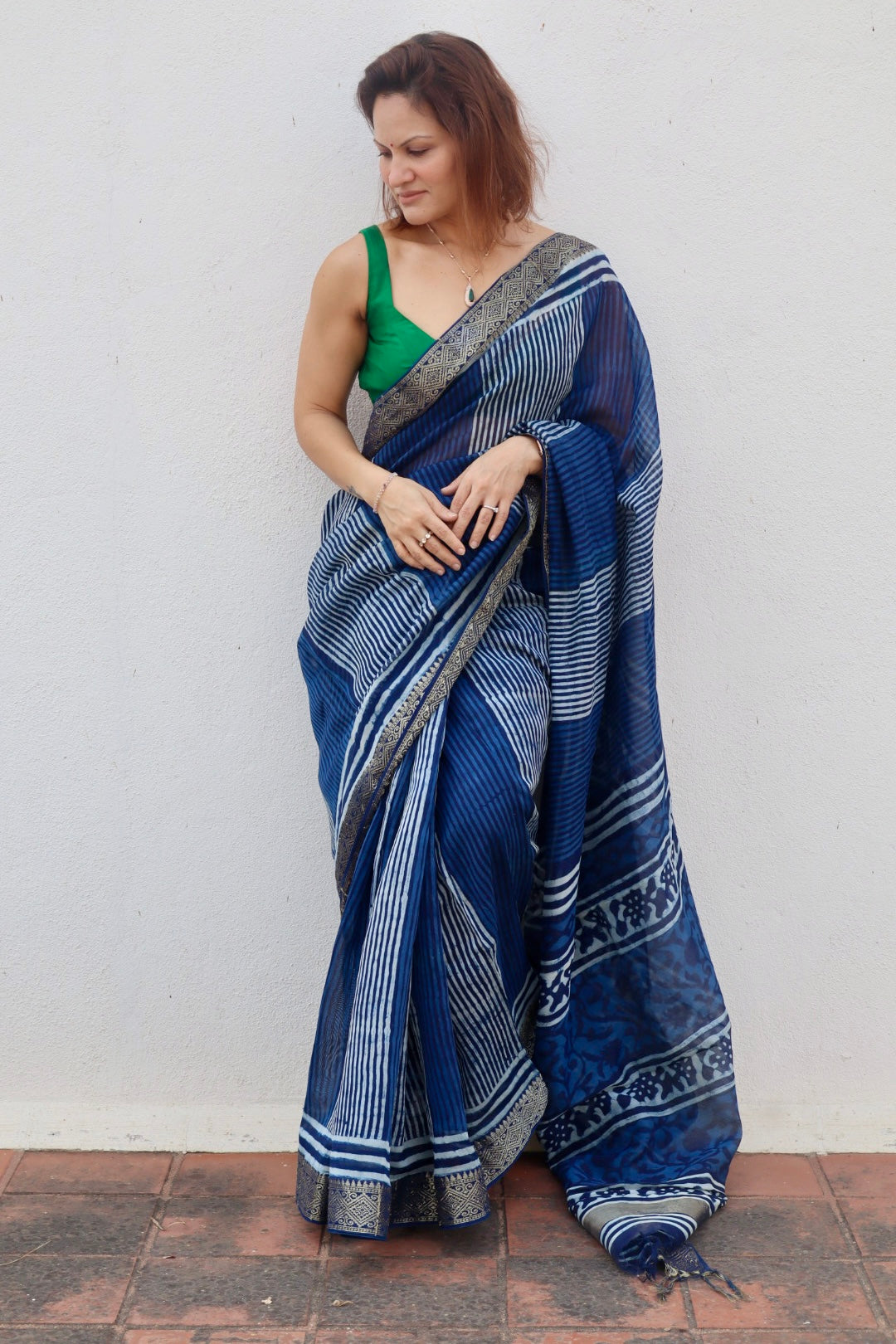 Indigo Natural Vanaspati Block Print Maheshwari Sari with Zari Border