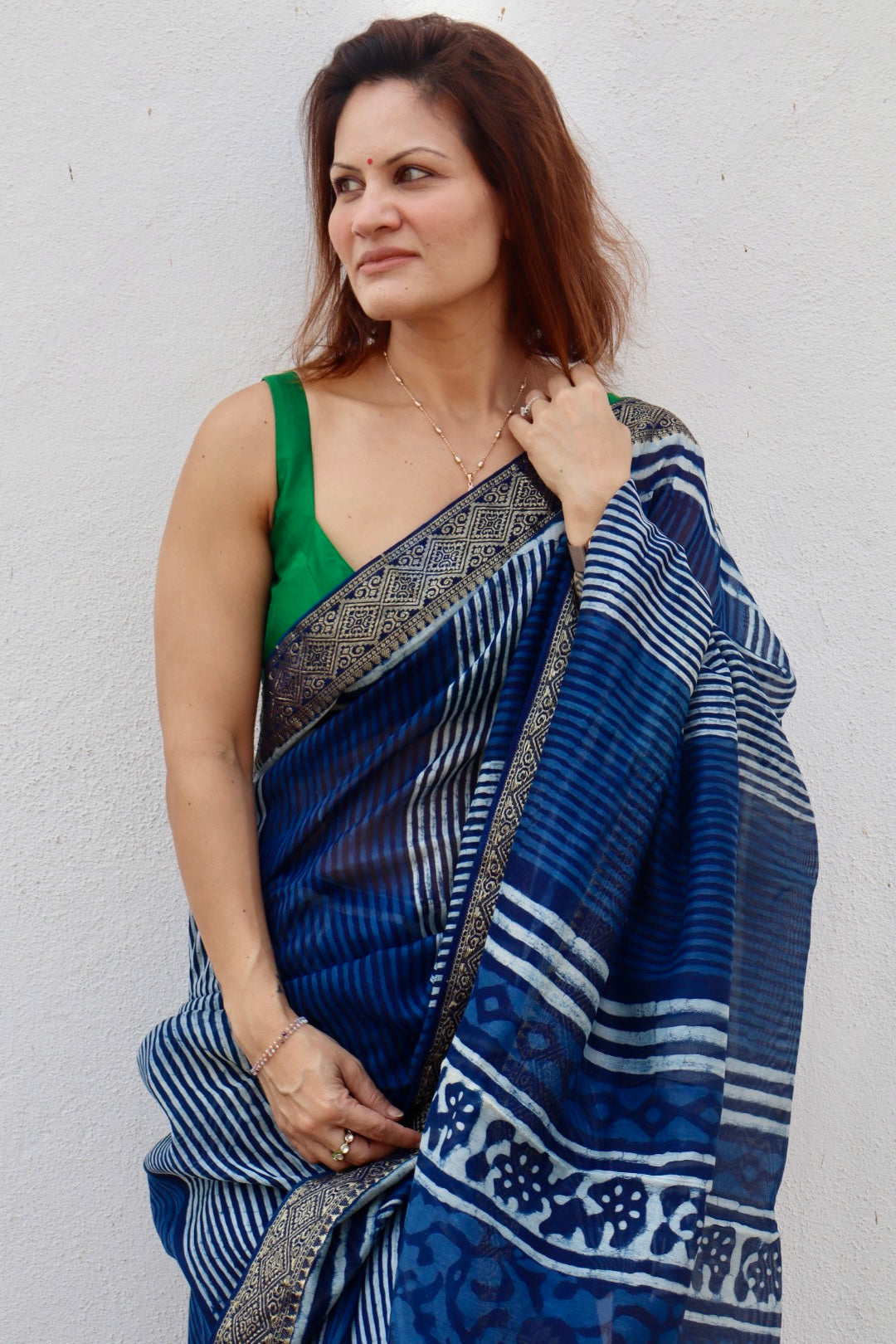 Indigo Natural Vanaspati Block Print Maheshwari Sari with Zari Border