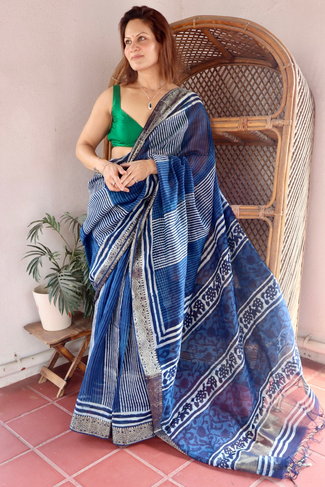 Indigo Natural Vanaspati Block Print Maheshwari Sari with Zari Border
