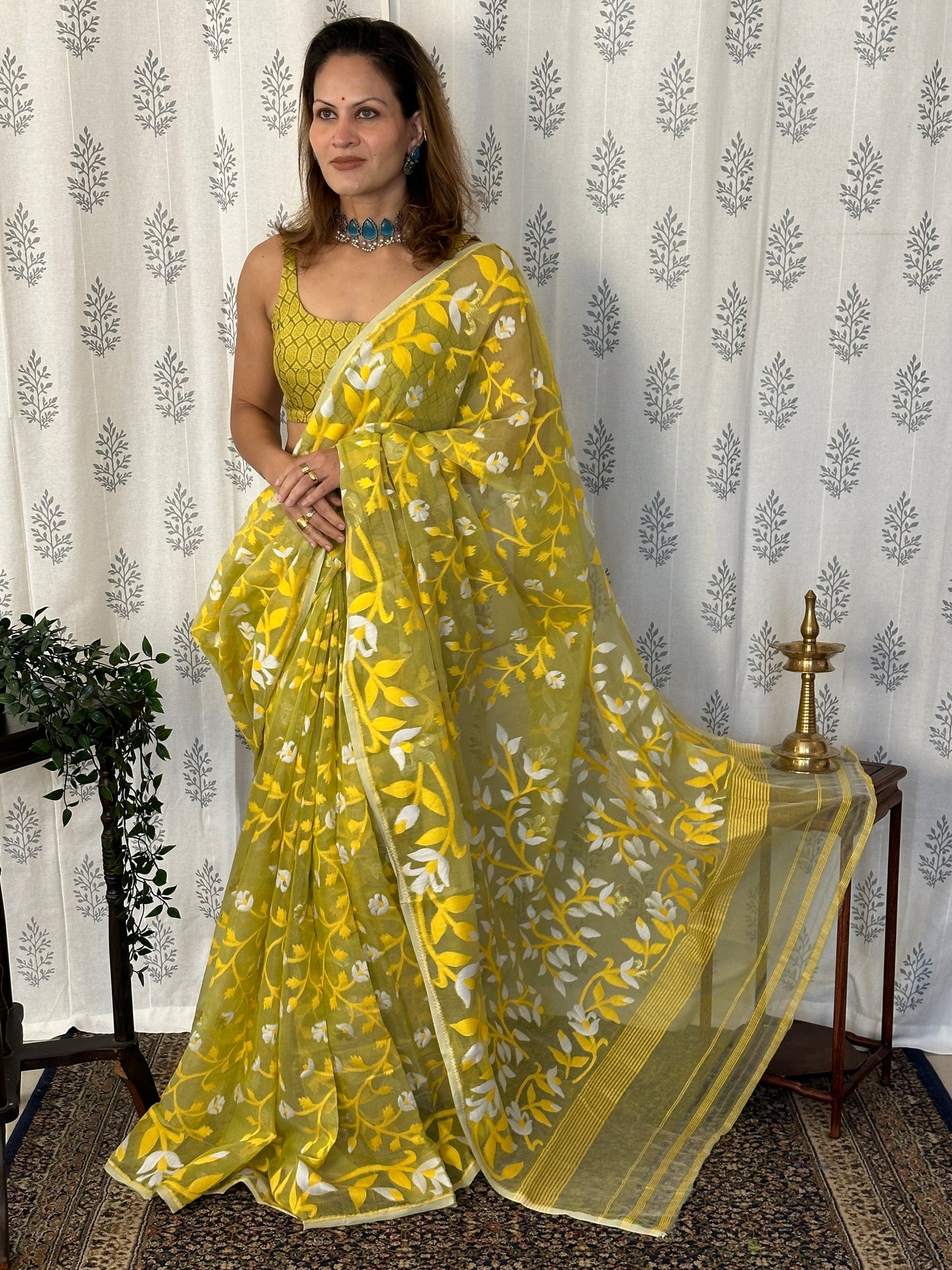 Yellowish Green Cotton Silk Jamdani Saree with Yellow Floral Design & Zari Work