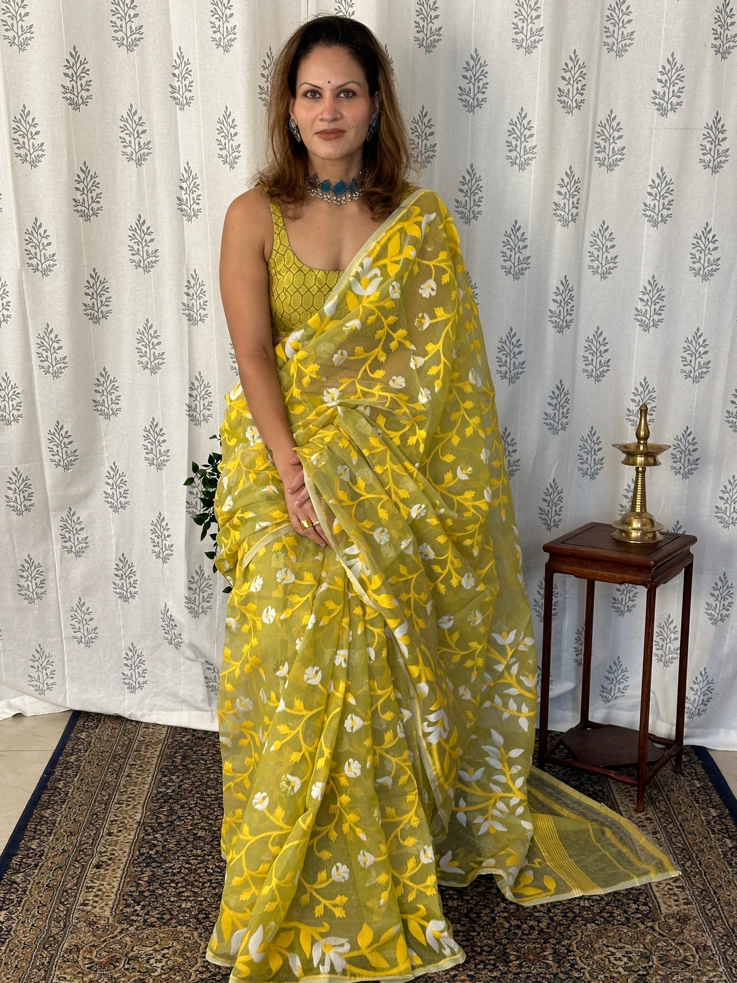 Yellowish Green Cotton Silk Jamdani Saree with Yellow Floral Design & Zari Work