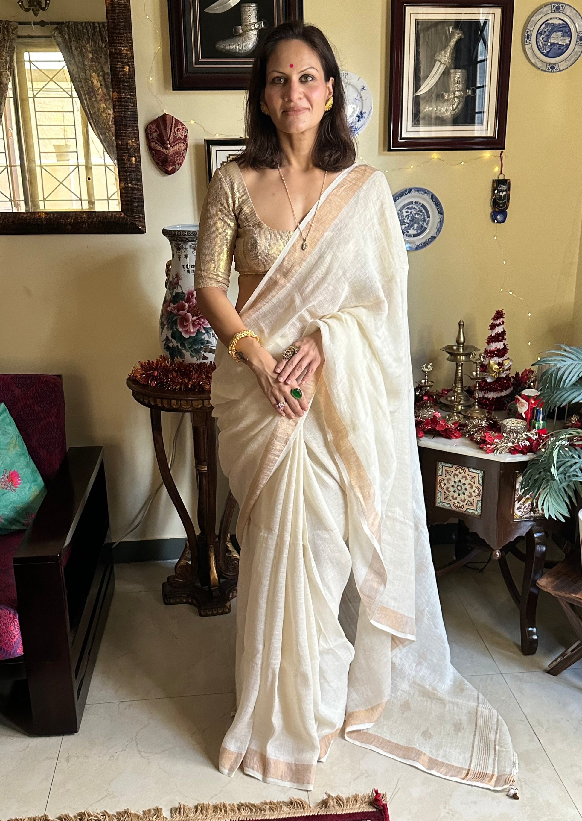 Pure Linen with Gold Motifs - Raahini