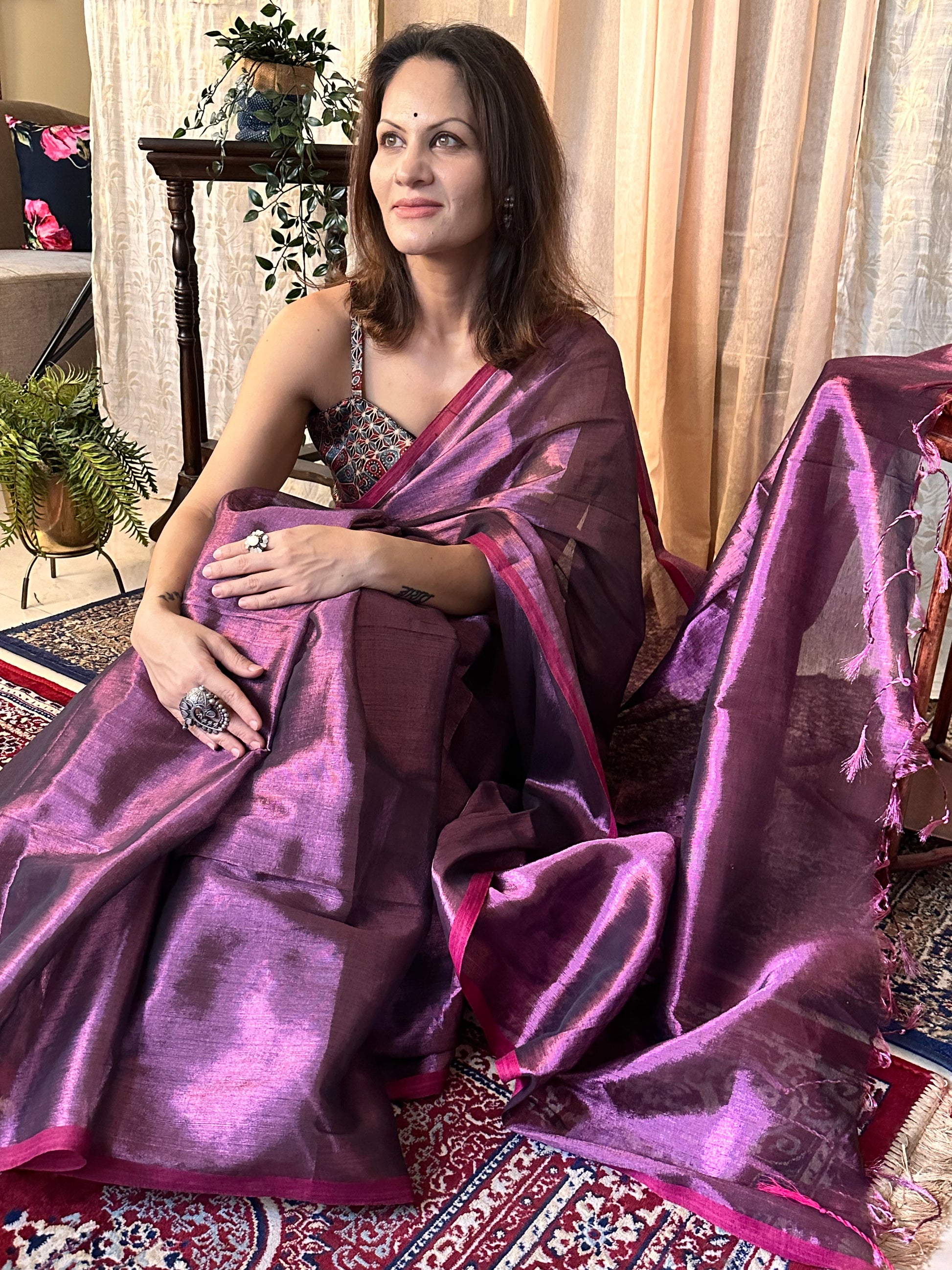 Purple Pure Mul Mul Handwoven Tissue Cotton Sari - Raahini