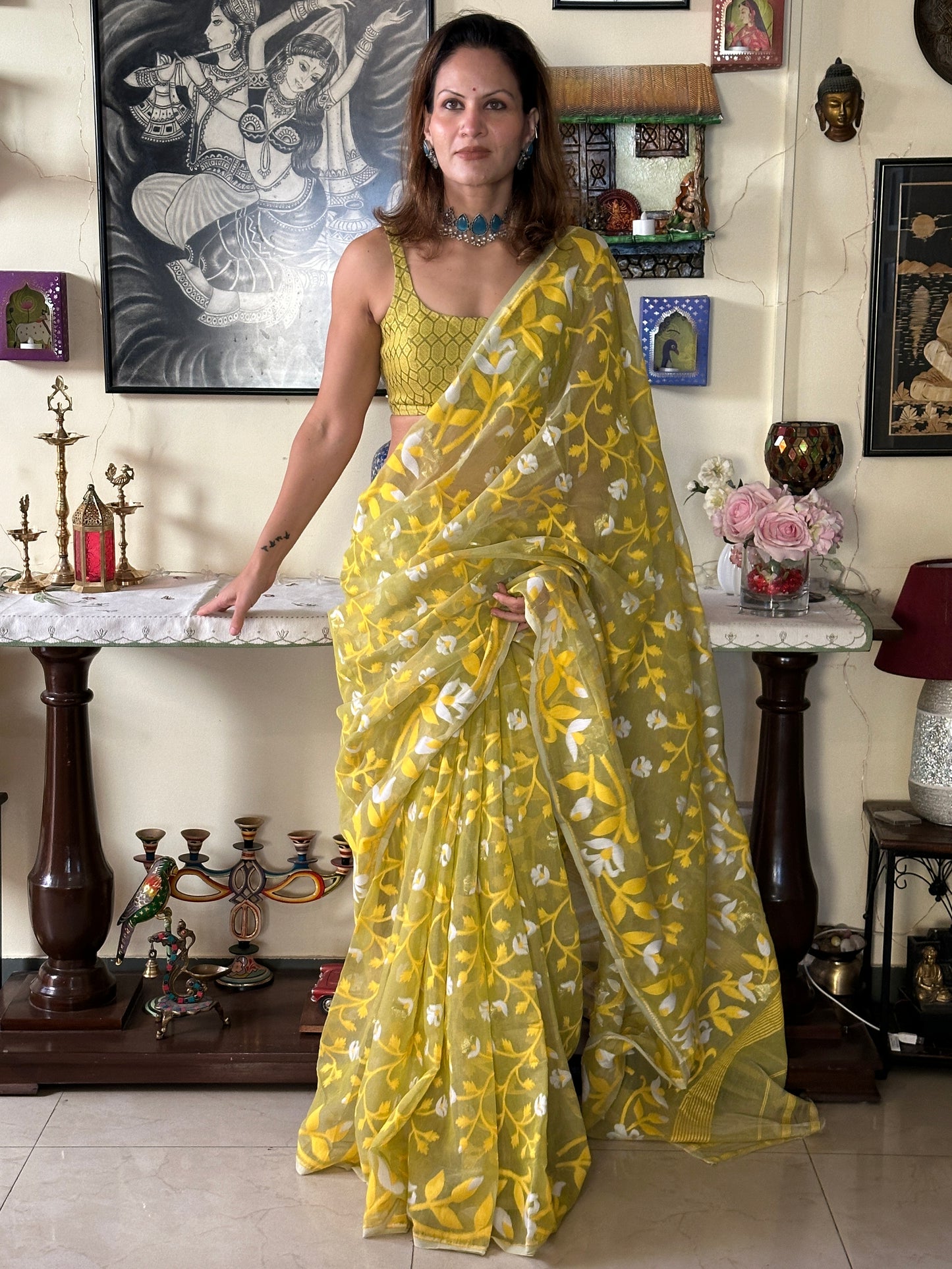 Yellowish Green Cotton Silk Jamdani Saree with Yellow Floral Design & Zari Work