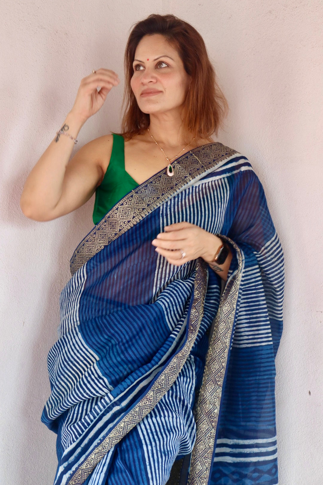 Indigo Natural Vanaspati Block Print Maheshwari Sari with Zari Border