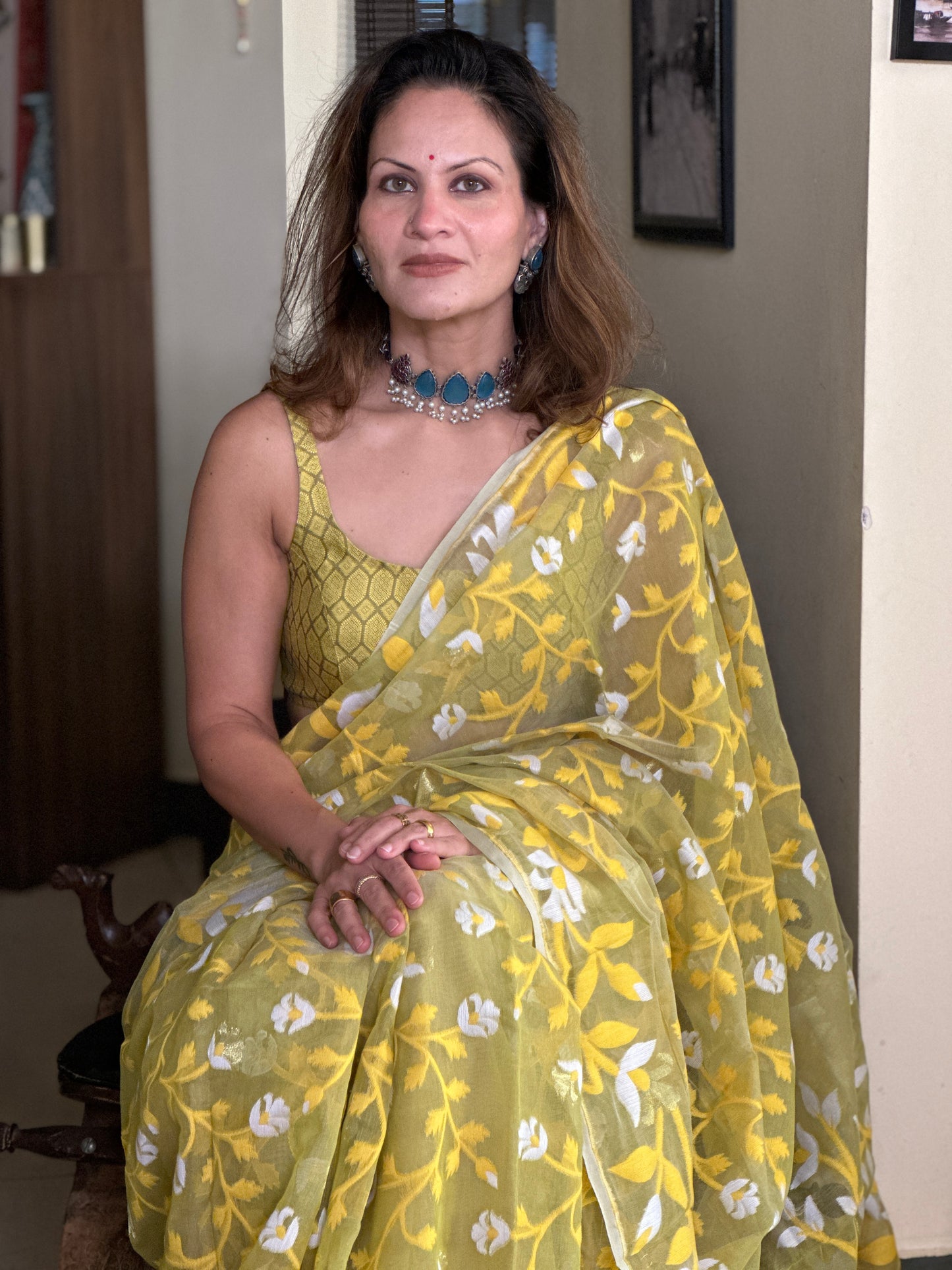 Yellowish Green Cotton Silk Jamdani Saree with Yellow Floral Design & Zari Work