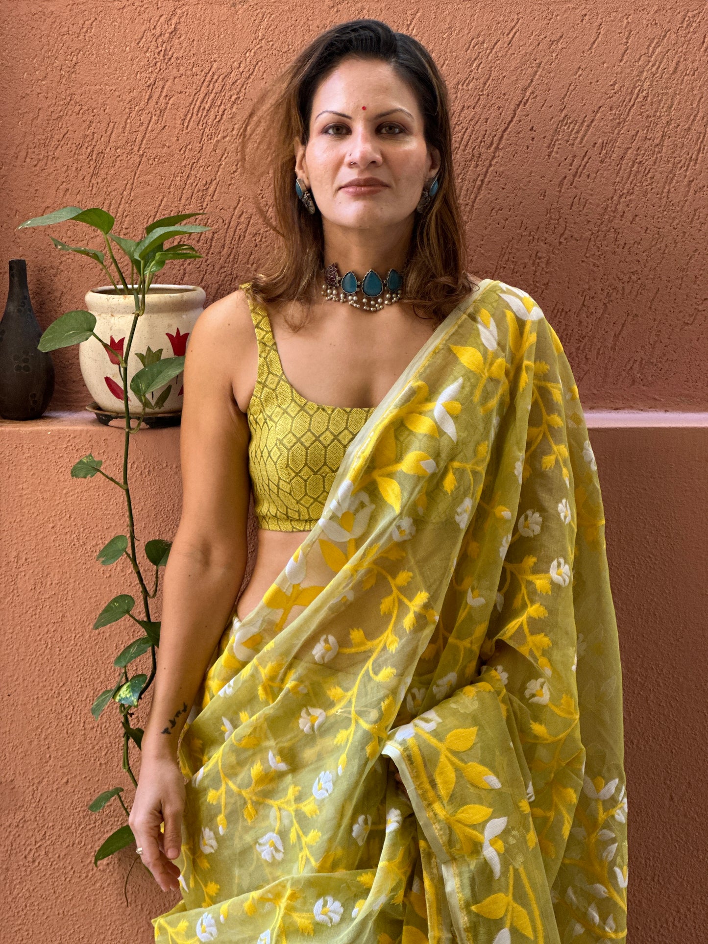 Yellowish Green Cotton Silk Jamdani Saree with Yellow Floral Design & Zari Work