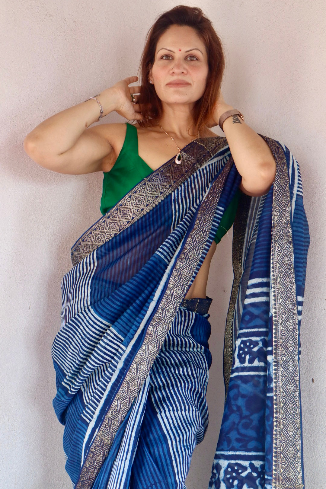 Indigo Natural Vanaspati Block Print Maheshwari Sari with Zari Border