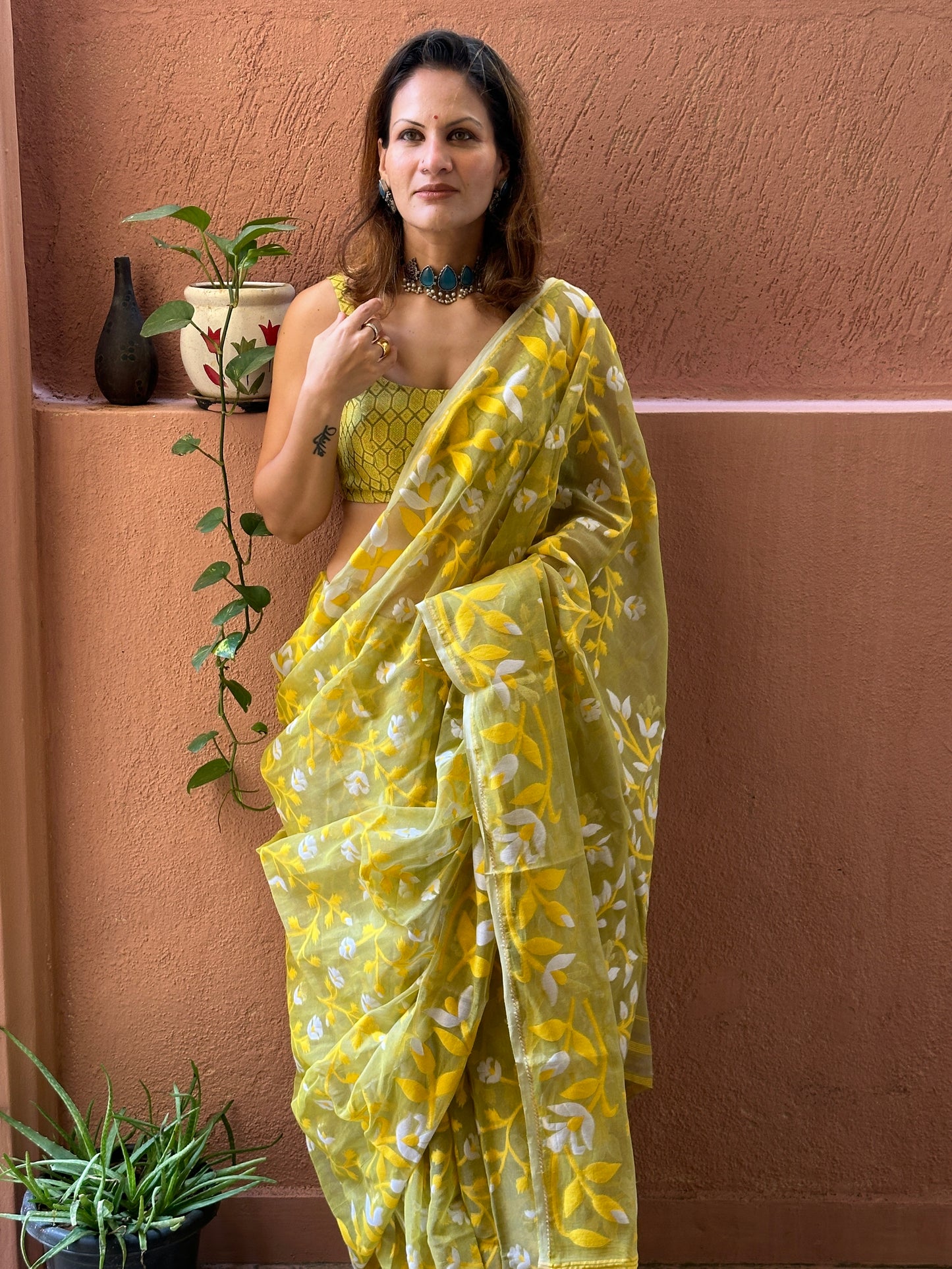 Yellowish Green Cotton Silk Jamdani Saree with Yellow Floral Design & Zari Work