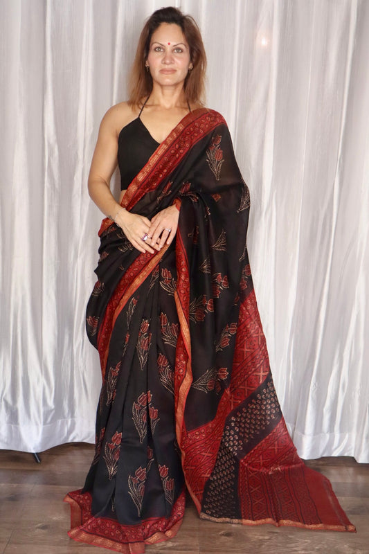 Black and Red Natural Vanaspati Block Print Maheshwari Sari with Zari Border