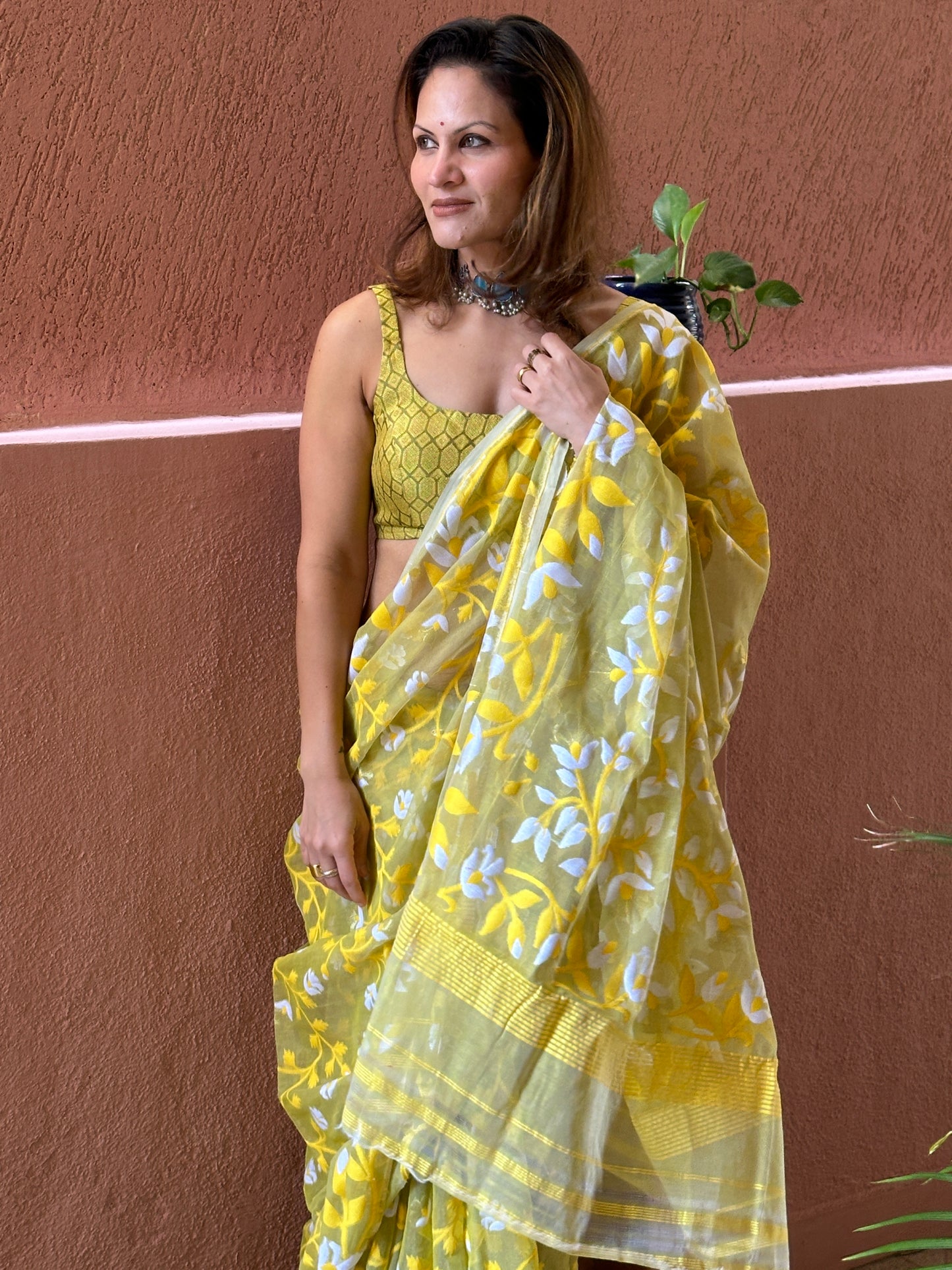 Yellowish Green Cotton Silk Jamdani Saree with Yellow Floral Design & Zari Work